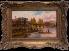 Antique English Oil Painting Elegant Figures by River Ancient Castle Building