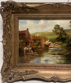 Antique English Oil Painting Figures Loading the Hay Cart beside the River