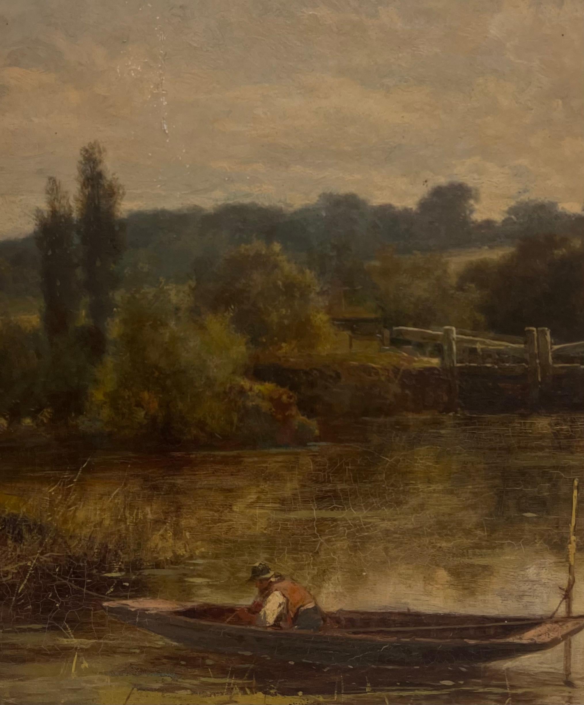 Feines viktorianisches englisches Ölgemälde Angler im hölzernen Kahn Fluss & Schleusentore – Painting von English School (19th century)