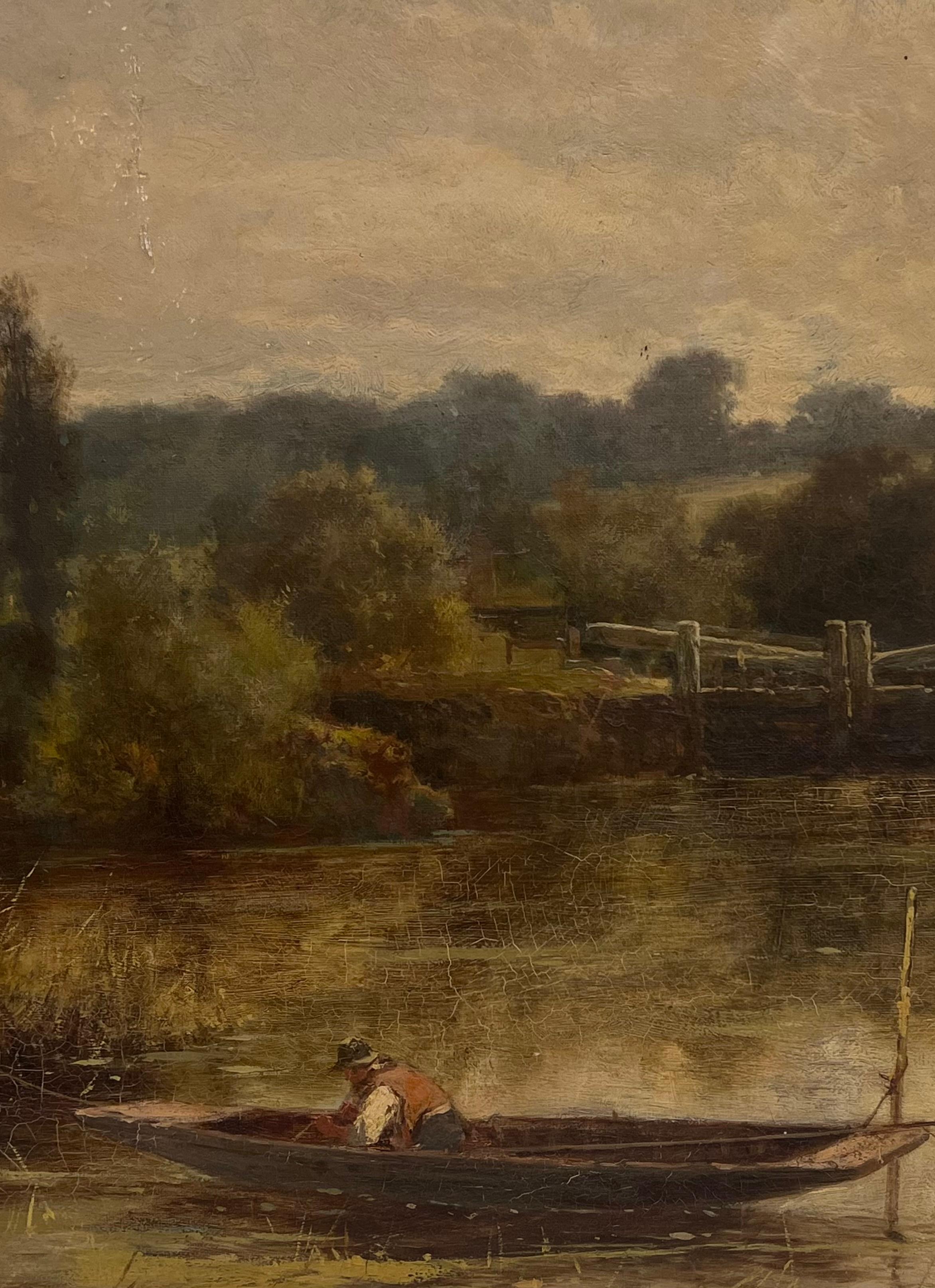Feines viktorianisches englisches Ölgemälde Angler im hölzernen Kahn Fluss & Schleusentore (Viktorianisch), Painting, von English School (19th century)