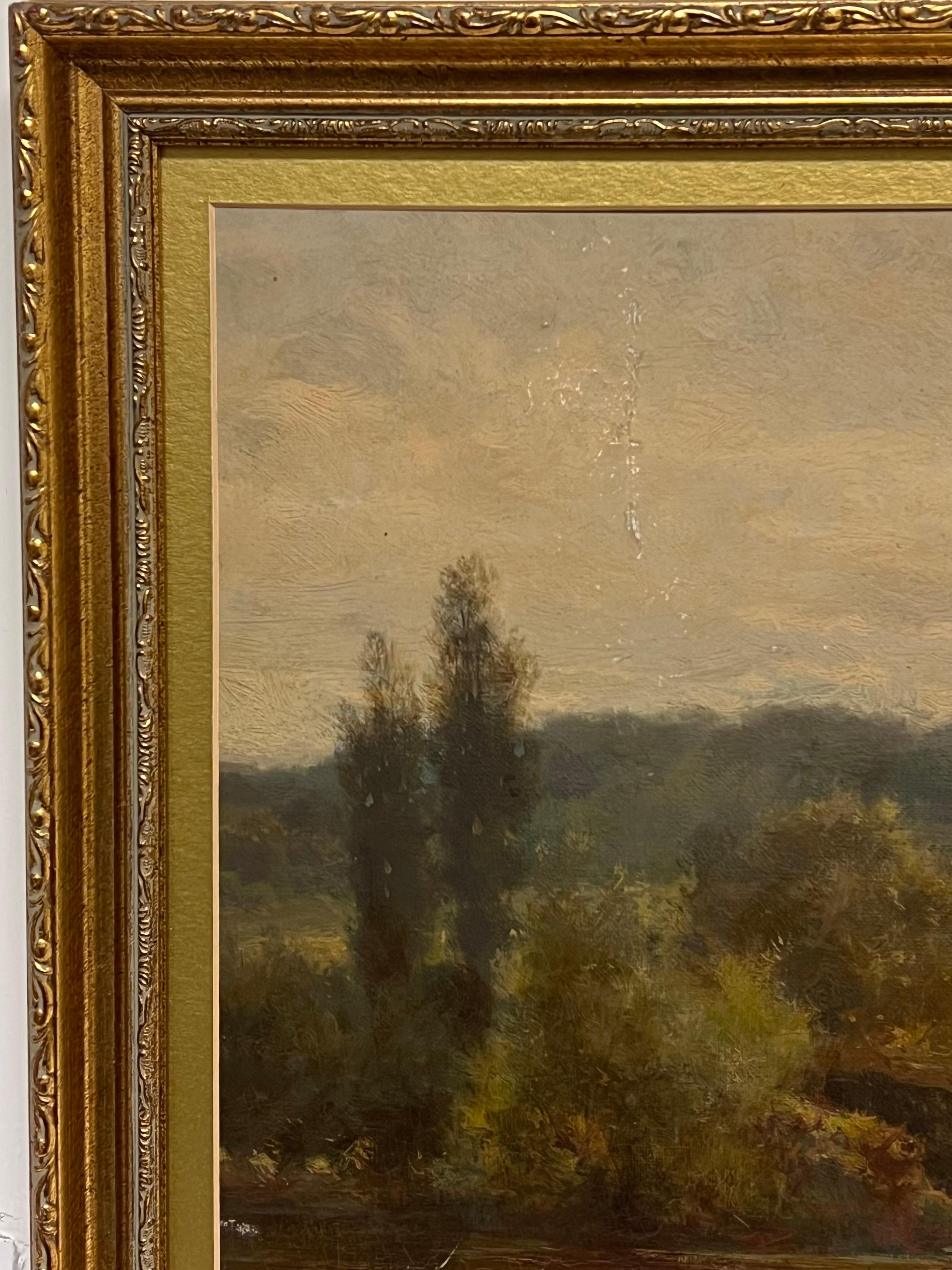 Feines viktorianisches englisches Ölgemälde Angler im hölzernen Kahn Fluss & Schleusentore (Braun), Landscape Painting, von English School (19th century)