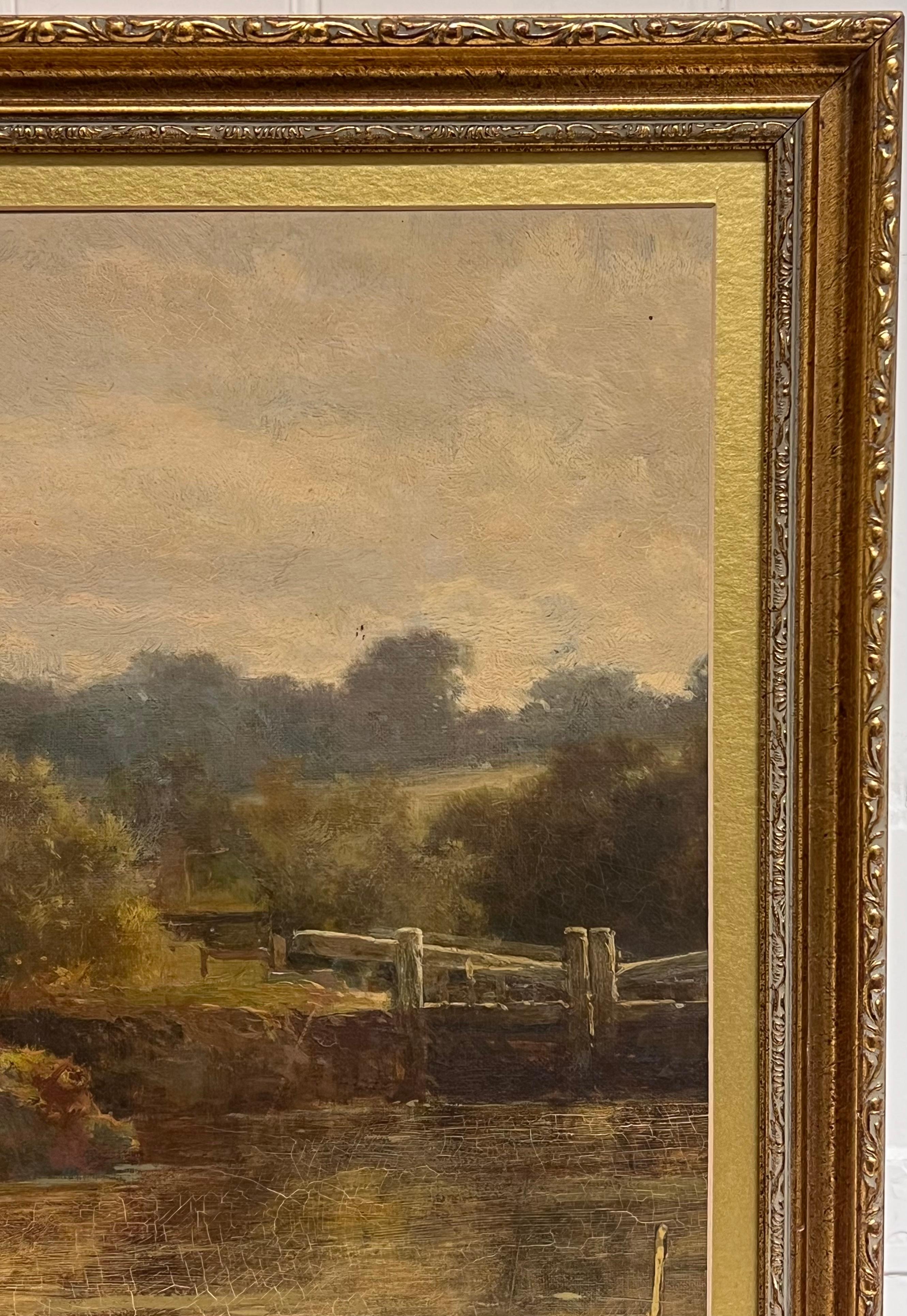 Feines viktorianisches englisches Ölgemälde Angler im hölzernen Kahn Fluss & Schleusentore im Angebot 1