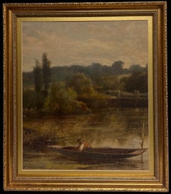 Fine Victorian English Oil Painting Angler in Wooden Punt River & Lock Gates