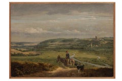 Mid 19th Century English Oil Painting - Open Landscape Boy on Donkey with Dog