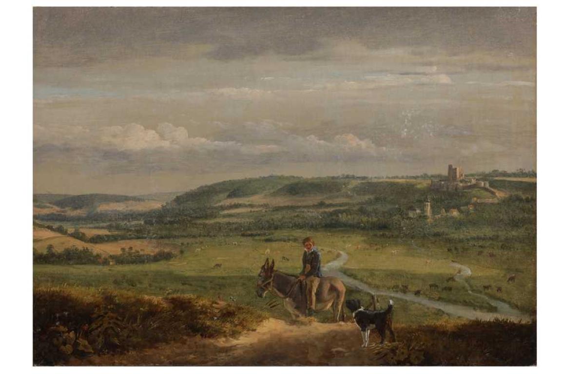 Unknown Landscape Painting - Mid 19th Century English Oil Painting - Open Landscape Boy on Donkey with Dog