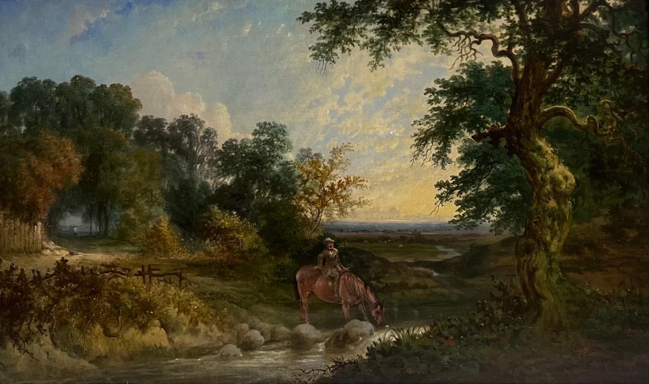 Viktorianisches englisches Ölgemälde Pferd & Reiter in ländlicher Landschaft mit Fluss – Painting von English School (19th century)