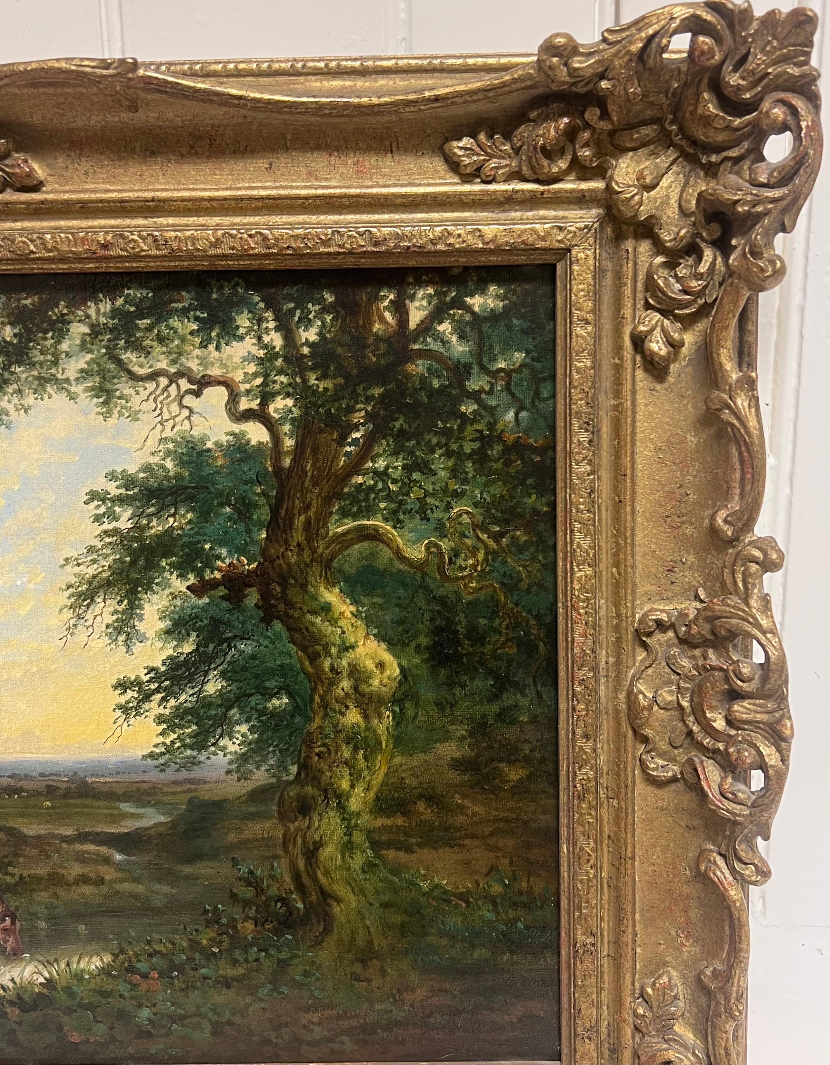 Viktorianisches englisches Ölgemälde Pferd & Reiter in ländlicher Landschaft mit Fluss (Schwarz), Figurative Painting, von English School (19th century)