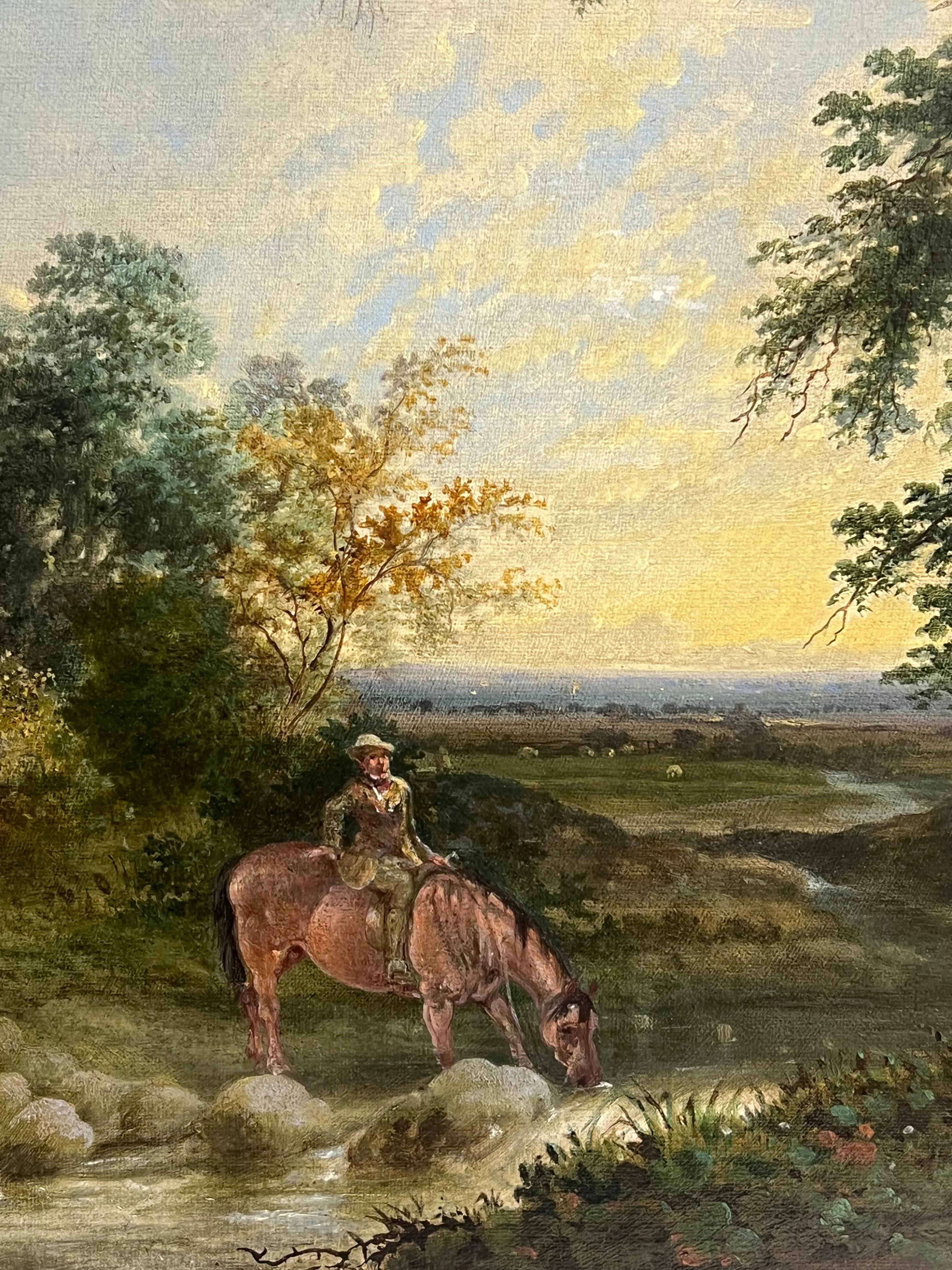 Viktorianisches englisches Ölgemälde Pferd & Reiter in ländlicher Landschaft mit Fluss im Angebot 1