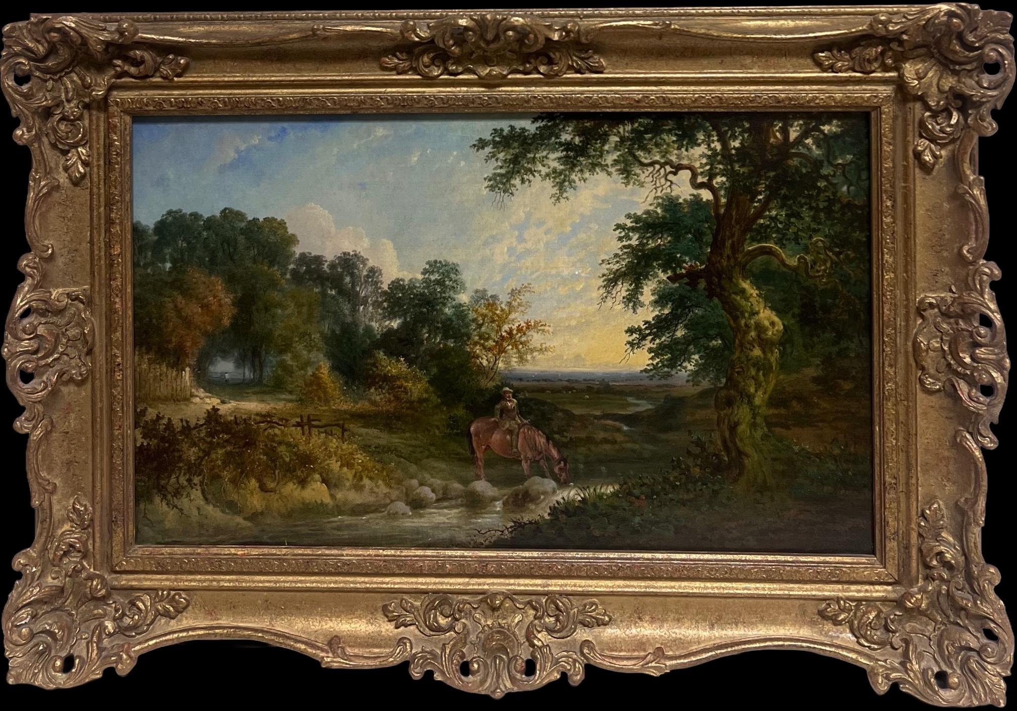 Peinture à l
huile anglaise victorienne Cheval et cavalier dans un paysage rural avec rivière