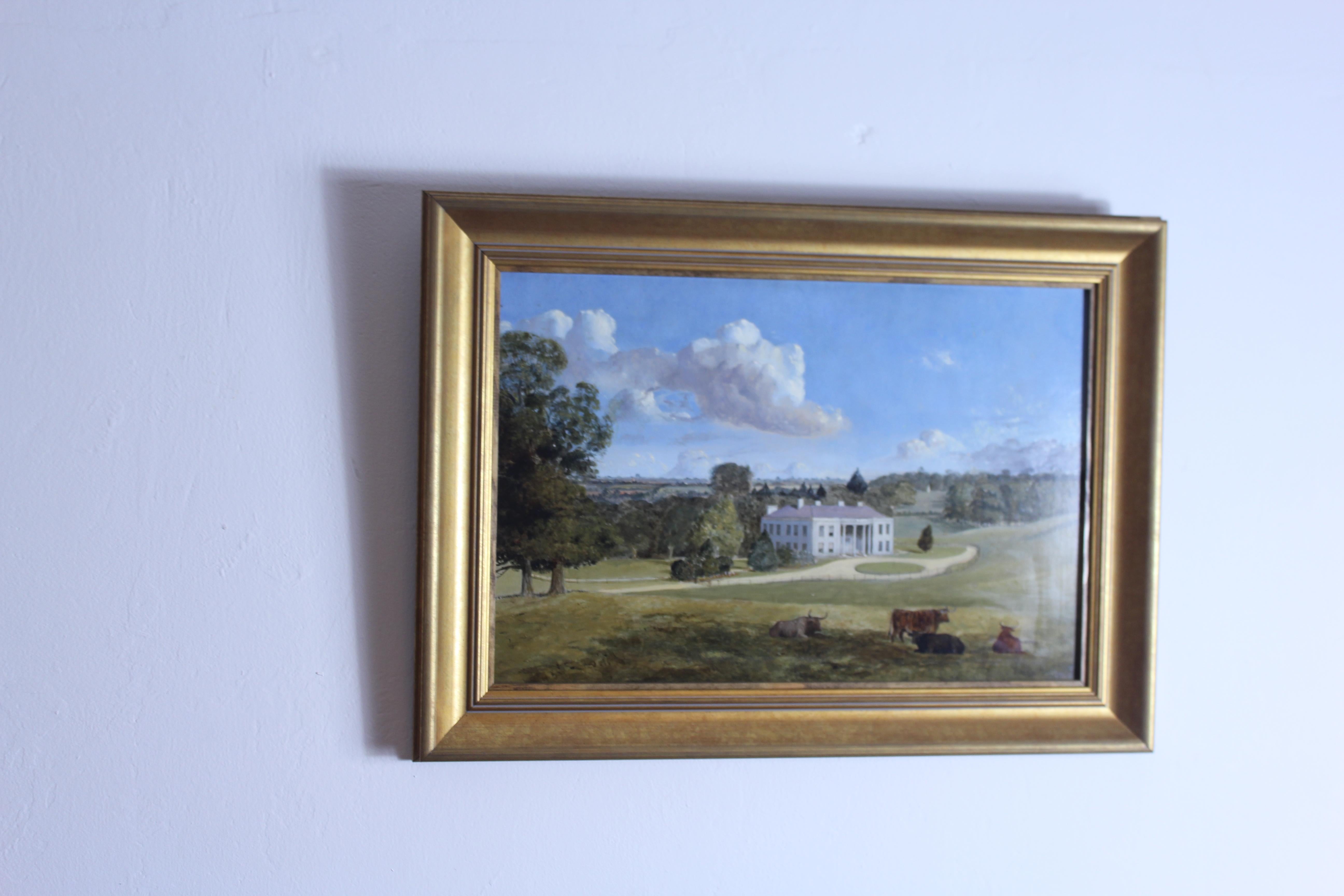 Dipinto del XIX secolo di Warlies House, Essex

Questo affascinante dipinto a olio su tavola della metà del XIX secolo esemplifica il fascino idilliaco dei paesaggi pastorali dell'epoca, con una composizione dettagliata che mette in risalto la