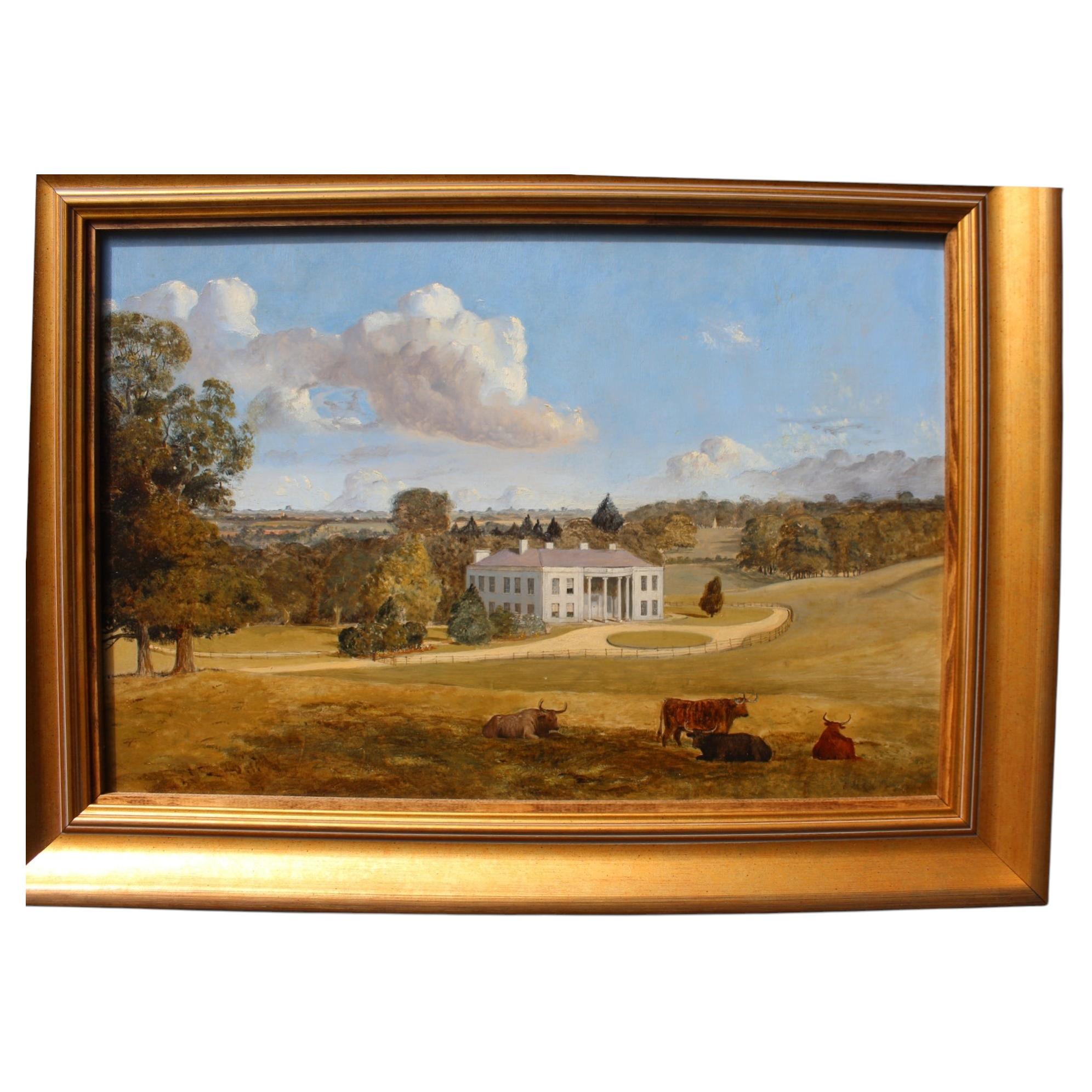 Warlies Park House Landscape Painting, OIL on Panel, 19th Century