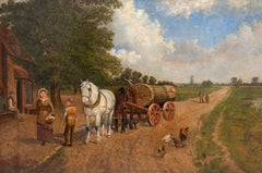 19thC English Rural Farmyard Horse & Cart Country Landscape Oil Painting