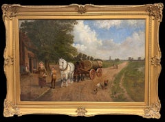 19thC English Rural Farmyard Horse & Cart Country Landscape Oil Painting