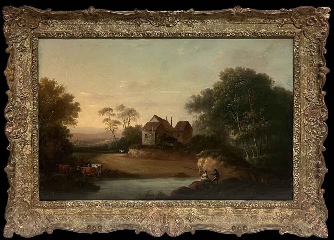 Feine frühe 1800
s Englisch Romantische Sonnenuntergang Landschaft Figuren
Rinder Ländliche Ansicht
