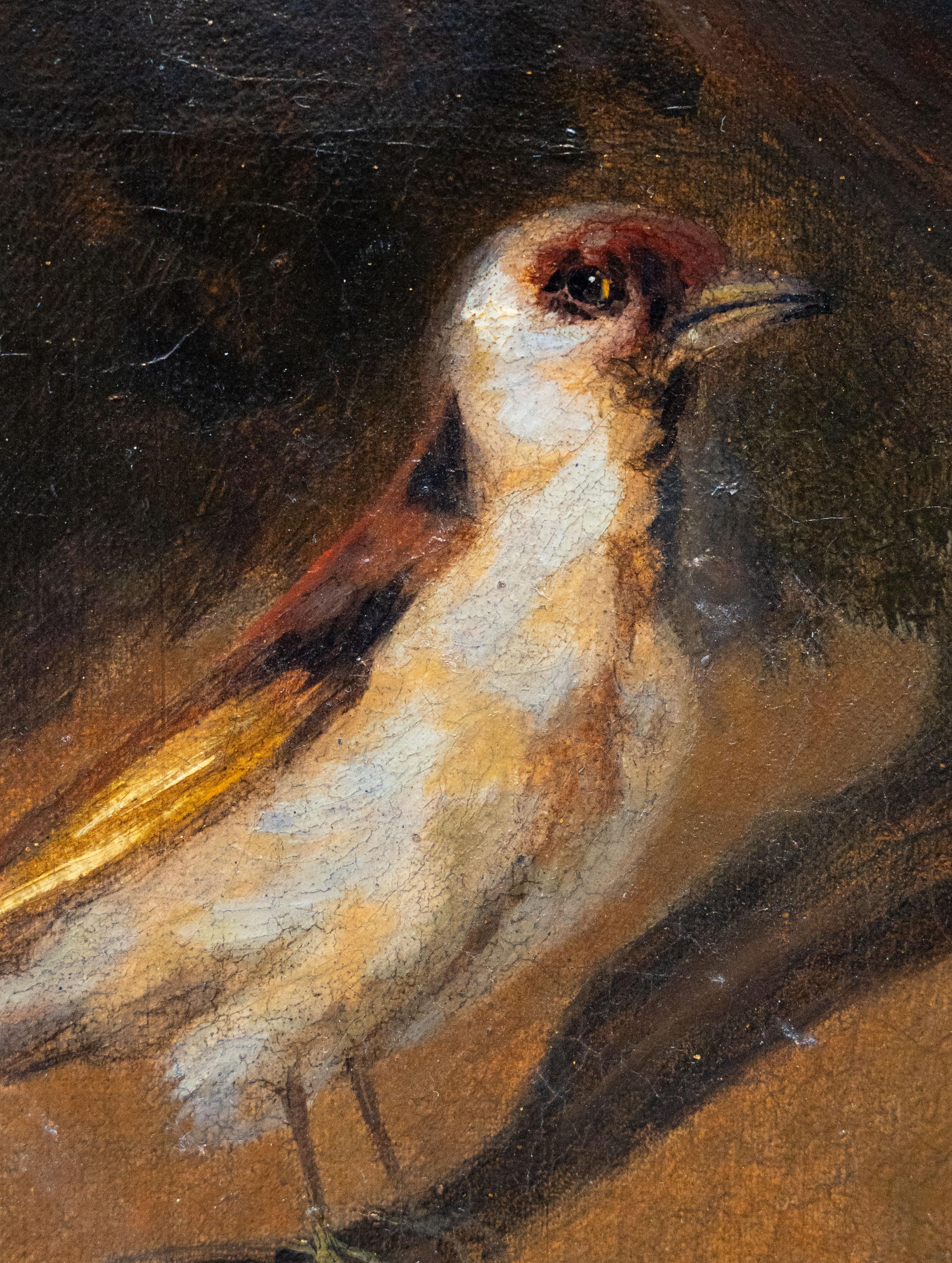 Dieses charmante Gemälde der Englischen Schule aus dem 19. Jahrhundert zeigt eine lebhafte Waldszene mit der für viktorianische Tierstudien typischen dramatischen Intensität. In der Mitte springt ein Fuchs mit gefletschten Zähnen und lebhaftem