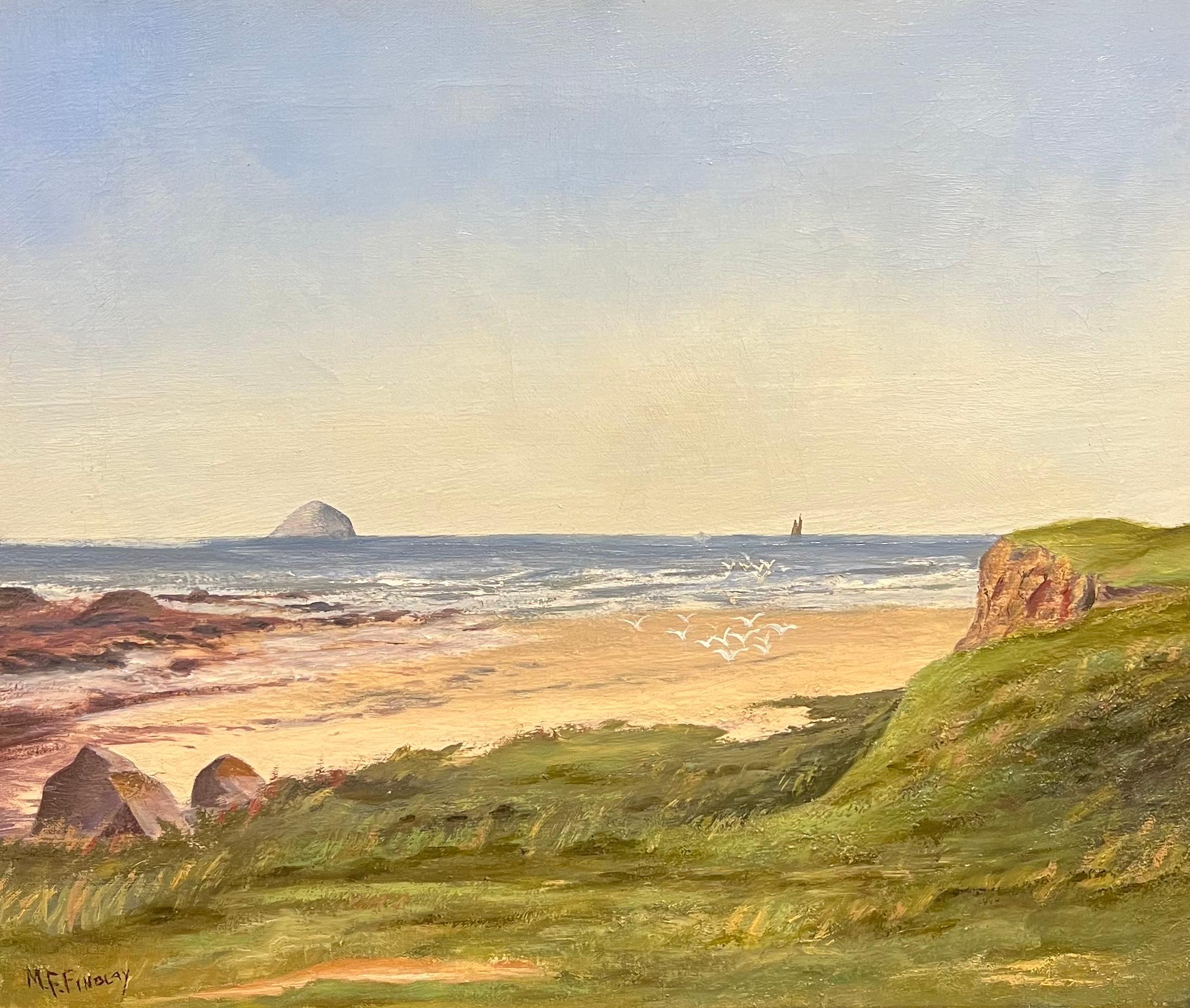 Antique English Oil Cornish Beach Scene with Distant Island Coastal Landscape - Painting by English School