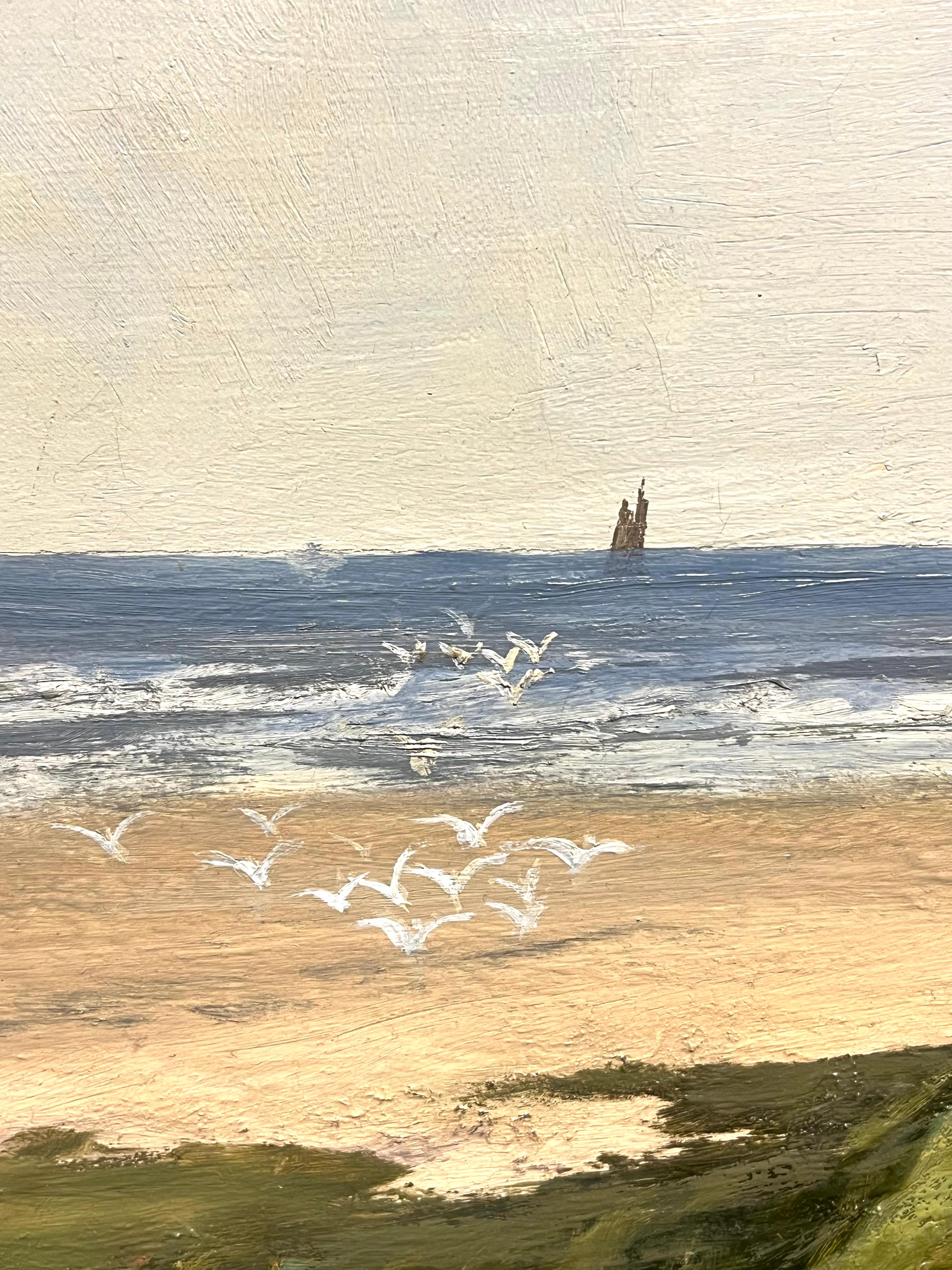 Antique English Oil Cornish Beach Scene with Distant Island Coastal Landscape - English School Painting by English School