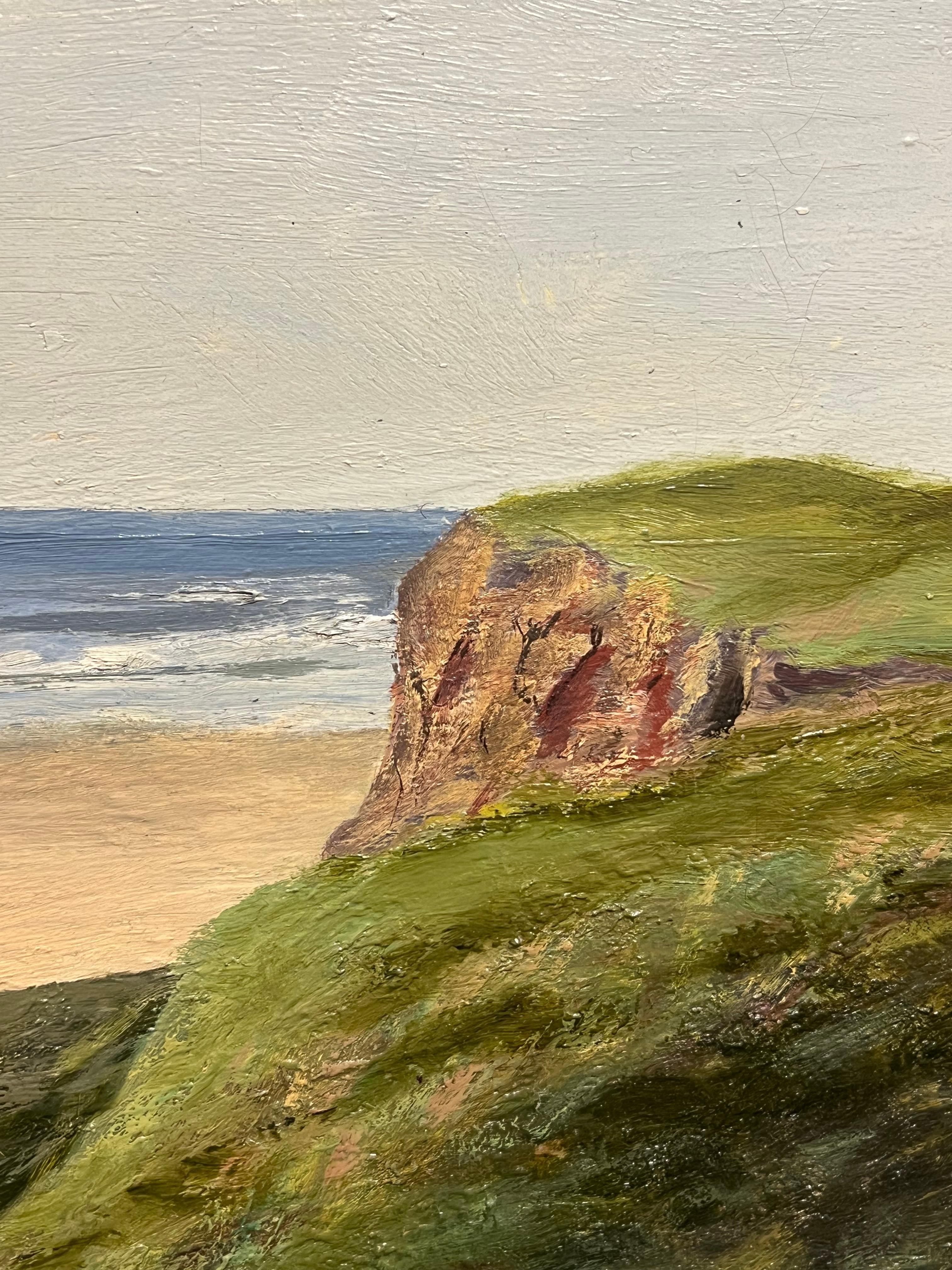 Antique English Oil Cornish Beach Scene with Distant Island Coastal Landscape - Beige Animal Painting by English School
