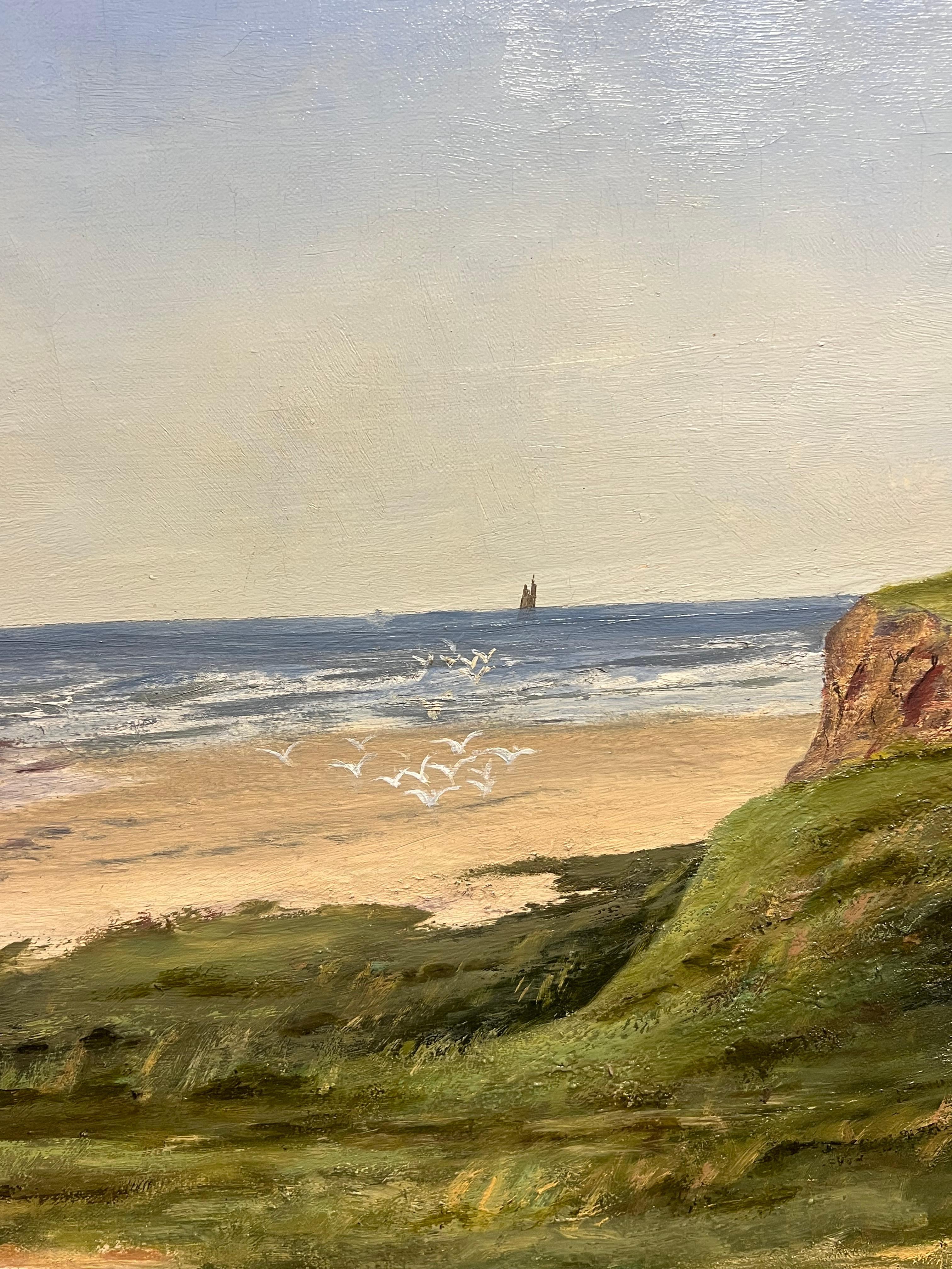 Antique English Oil Cornish Beach Scene with Distant Island Coastal Landscape For Sale 2