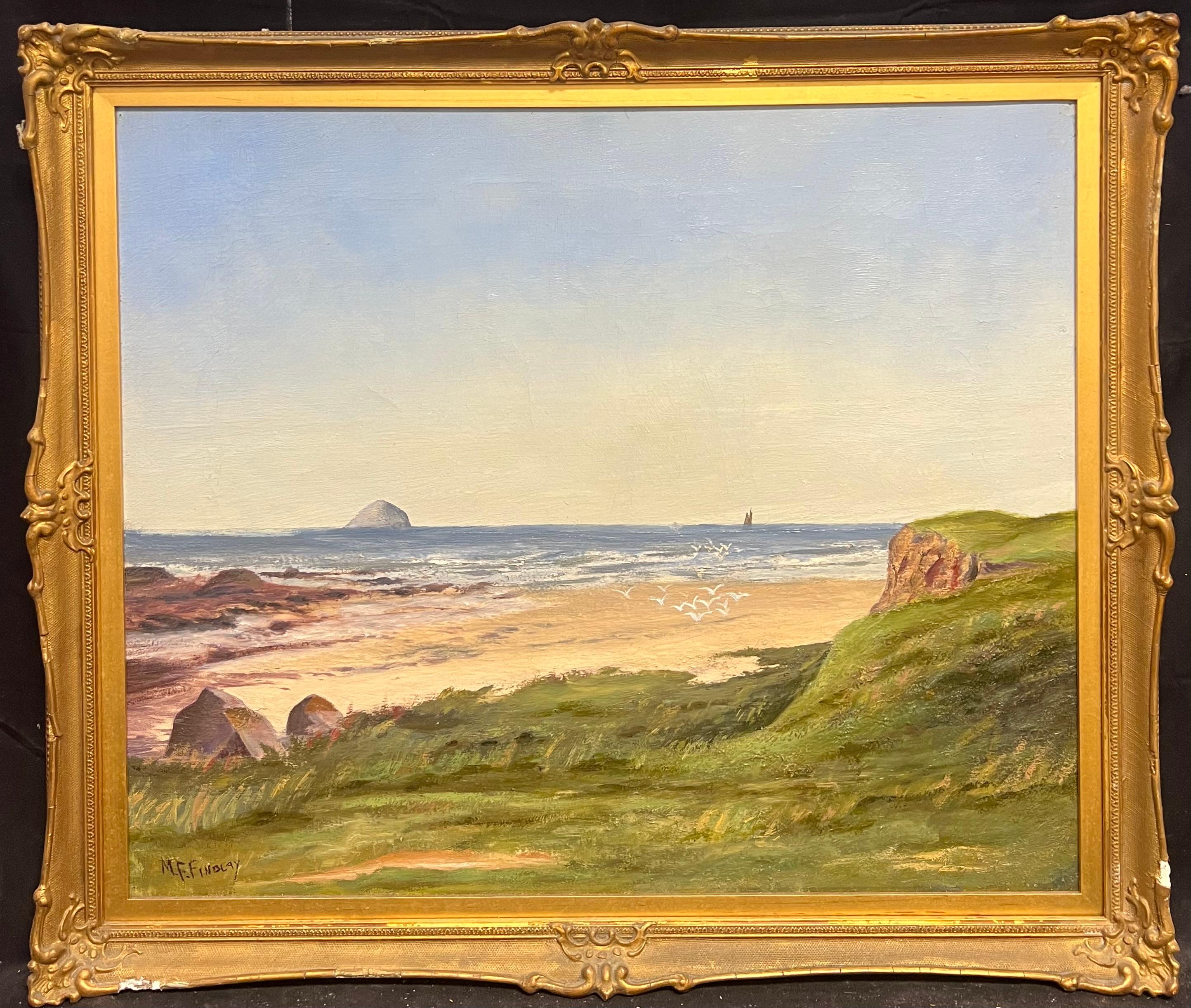 Antique English Oil Cornish Beach Scene with Distant Island Coastal Landscape