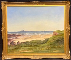Huile anglaise ancienne Cornish Scène de plage avec île lointaine Paysage côtier