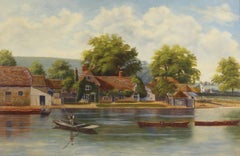 Antique English Oil Painting River Scene Figure in Old Punt by British Town