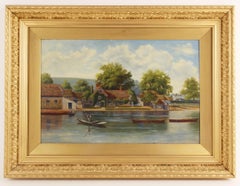 Antique English Oil Painting River Scene Figure in Old Punt by British Town