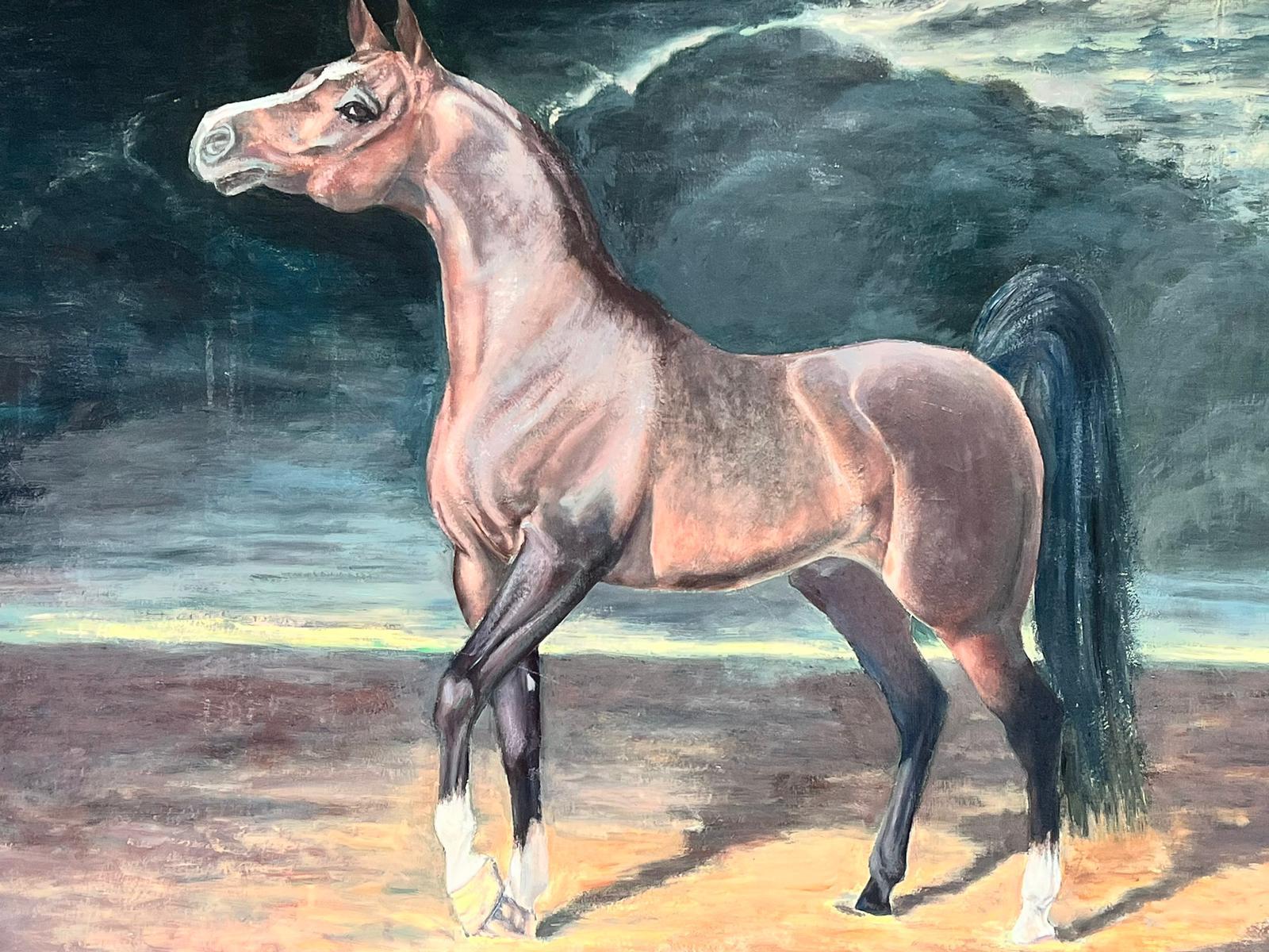 Bay Arab Horse in Stormy Brooding Skies Landscape, Huge Oil on Canvas - Painting by English School