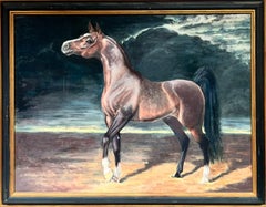 Bay Arab Horse in Stormy Brooding Skies Landscape, Huge Oil on Canvas