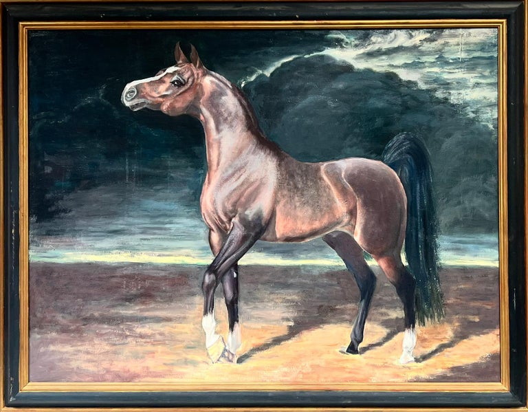English School - Cavallo arabo della baia in un paesaggio di cieli  tempestosi, olio su tela di grandi dimensioni in vendita su 1stDibs