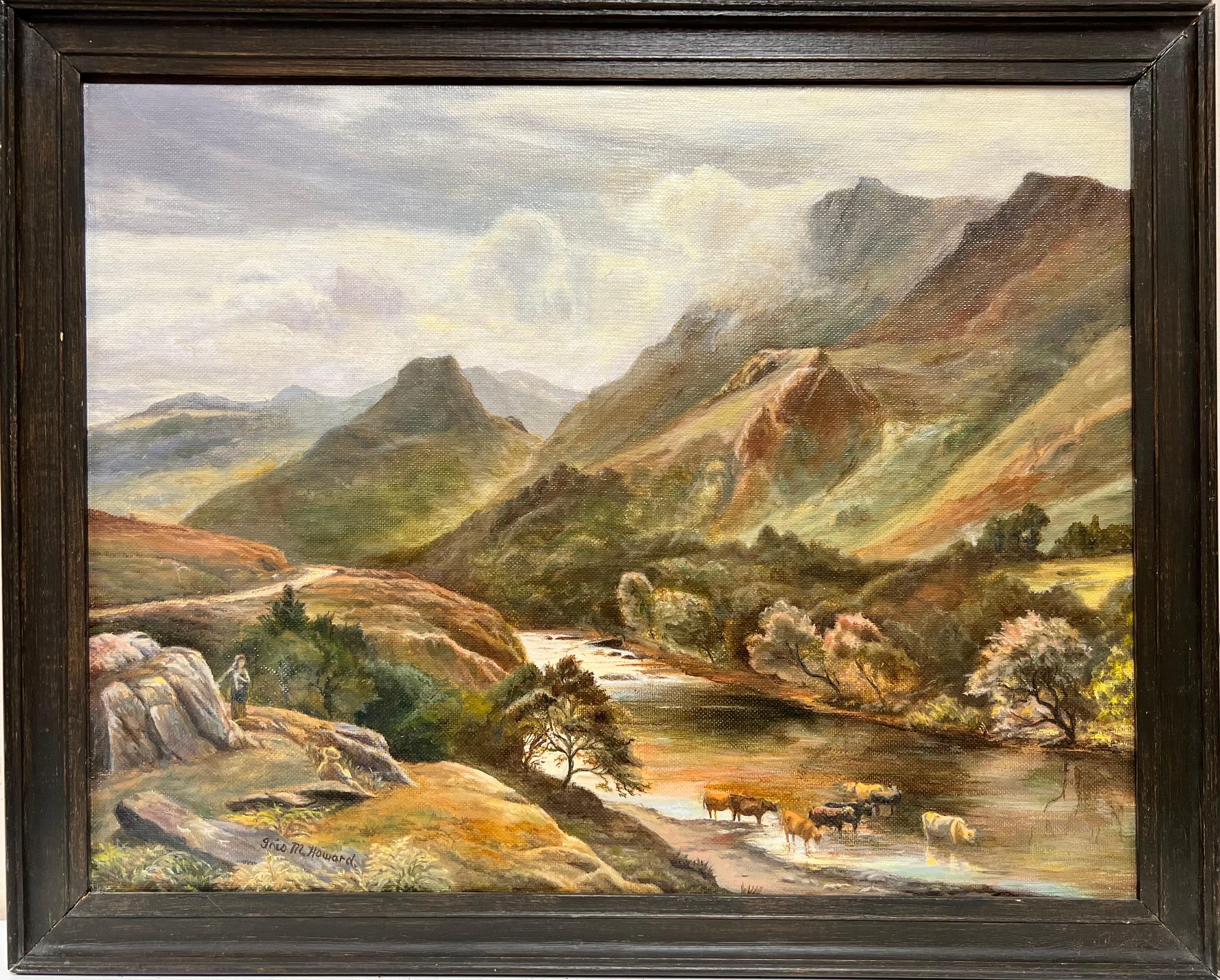 Schönes englisches signiertes Ölgemälde Majestic Hills Lake District Landschaft – Painting von English School