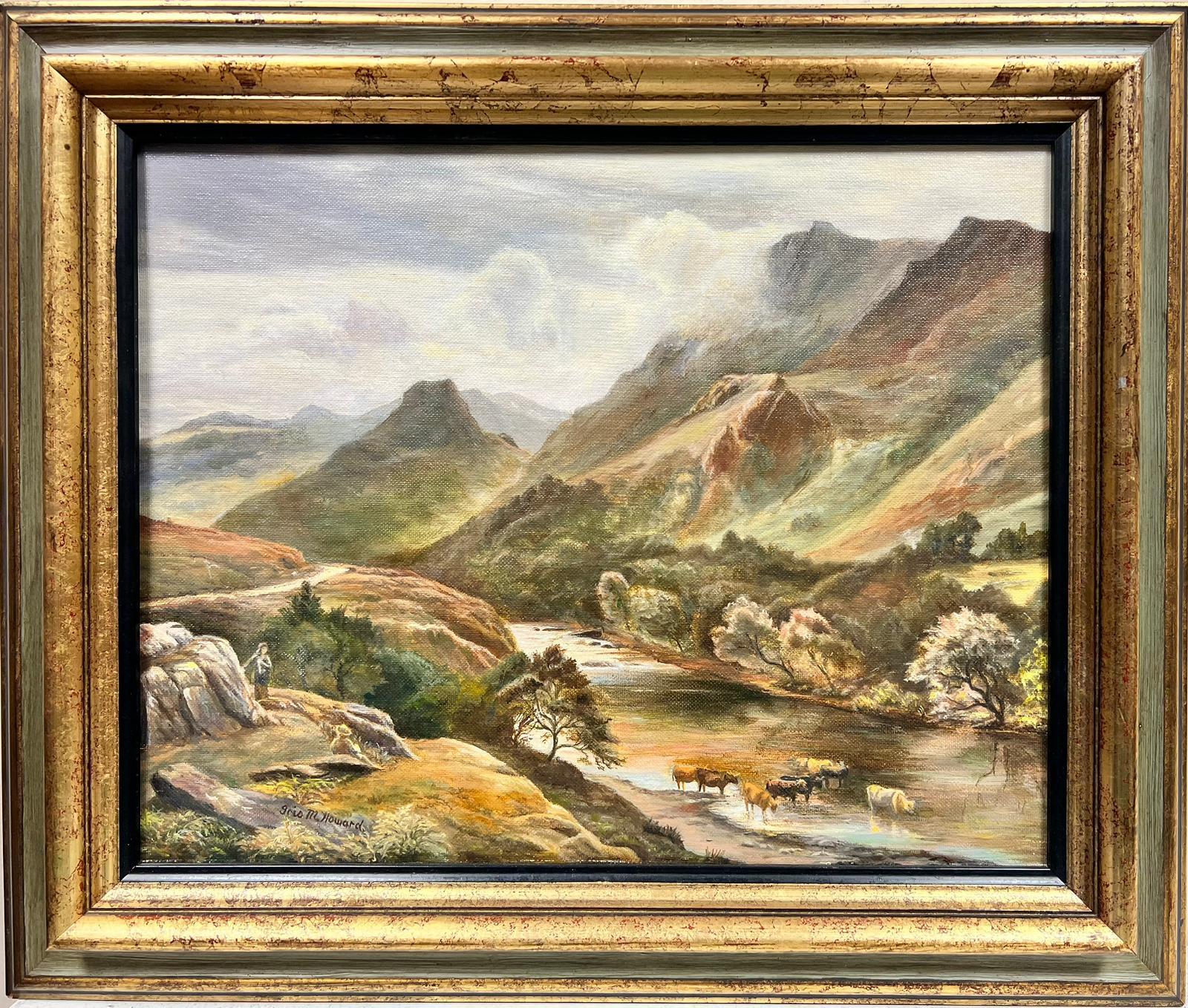 Bellissimo dipinto ad olio inglese firmato Majestic Hills Lake District Landscape - Painting di English School