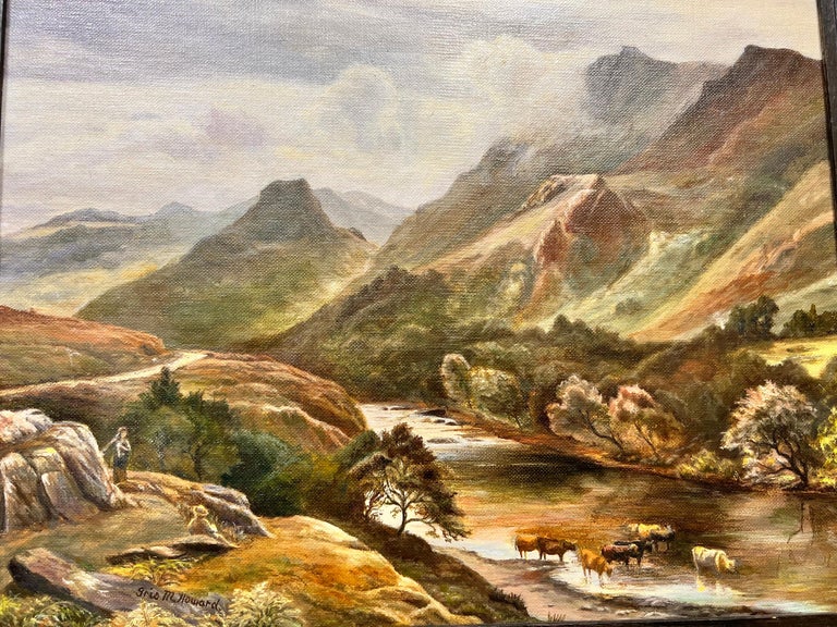 Beautiful English Signed Oil Painting Majestic Hills Lake District Landscape For Sale 1