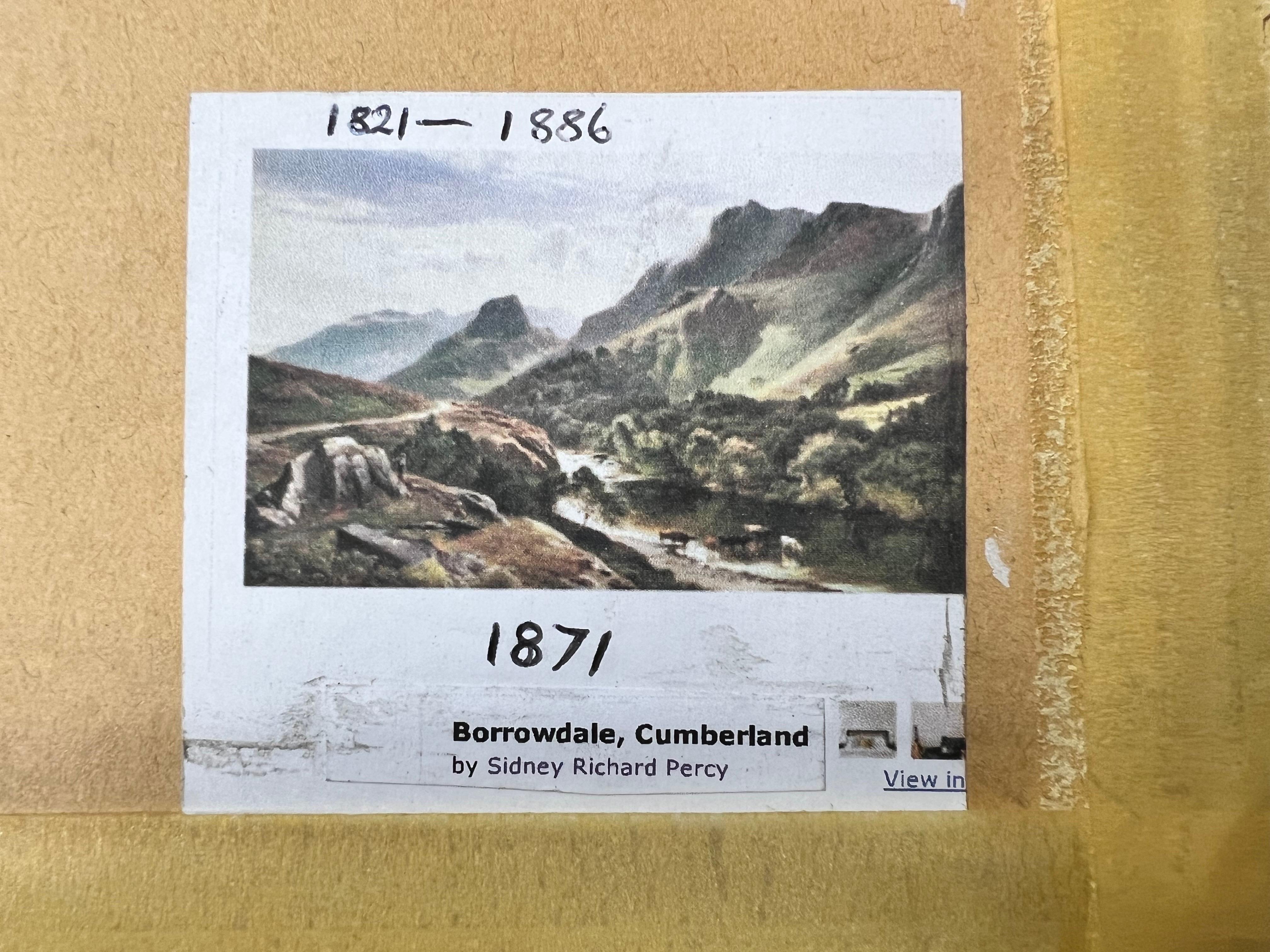Artista/Escuela: Escuela Británica, firmado Iris M. Howard (según el cuadro de Sidney Percy). 

Título: El Distrito de los Lagos

Técnica: Óleo sobre tabla, enmarcado 

Enmarcado: 16 x 20 pulgadas
Pintura: 14 x 18 pulgadas

Procedencia: colección