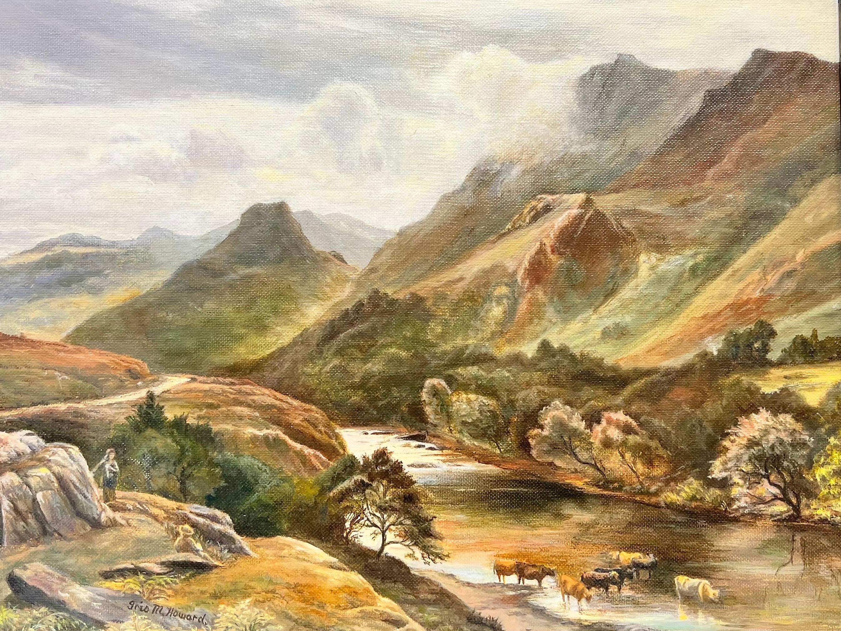 Magnifique peinture à l'huile anglaise signée représentant un paysage de collines majestueux du Lake District
