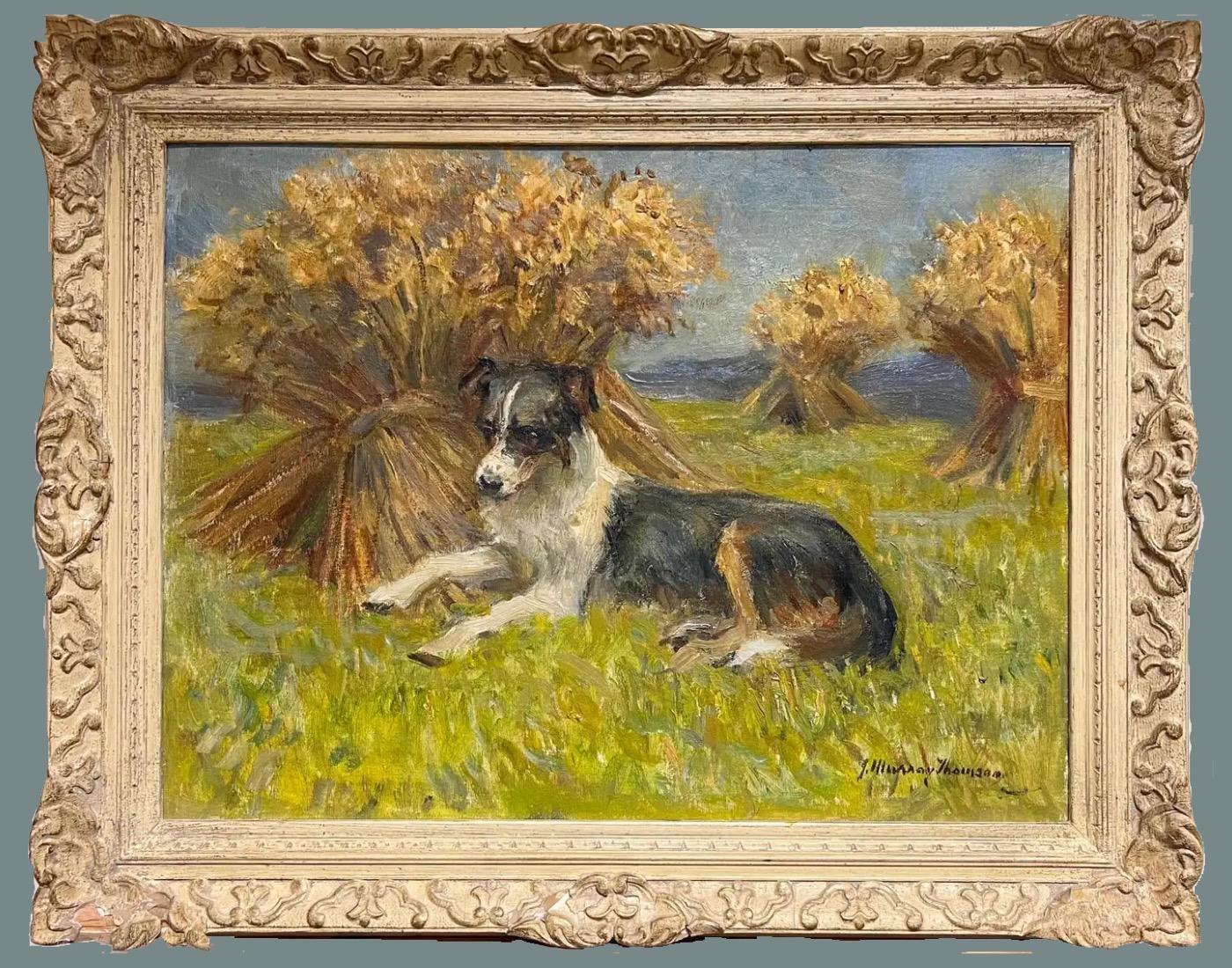 Perro Border Collie Descansando en Gavillas de Trigo de la Cosecha Pintura al Óleo Inglesa Antigua - Painting de English School