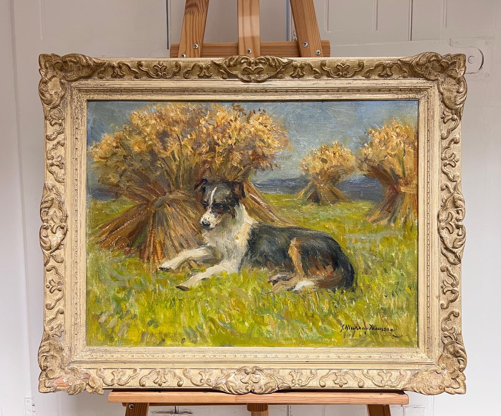 Perro Border Collie Descansando en Gavillas de Trigo de la Cosecha Pintura al Óleo Inglesa Antigua - Painting Escuela inglesa de English School