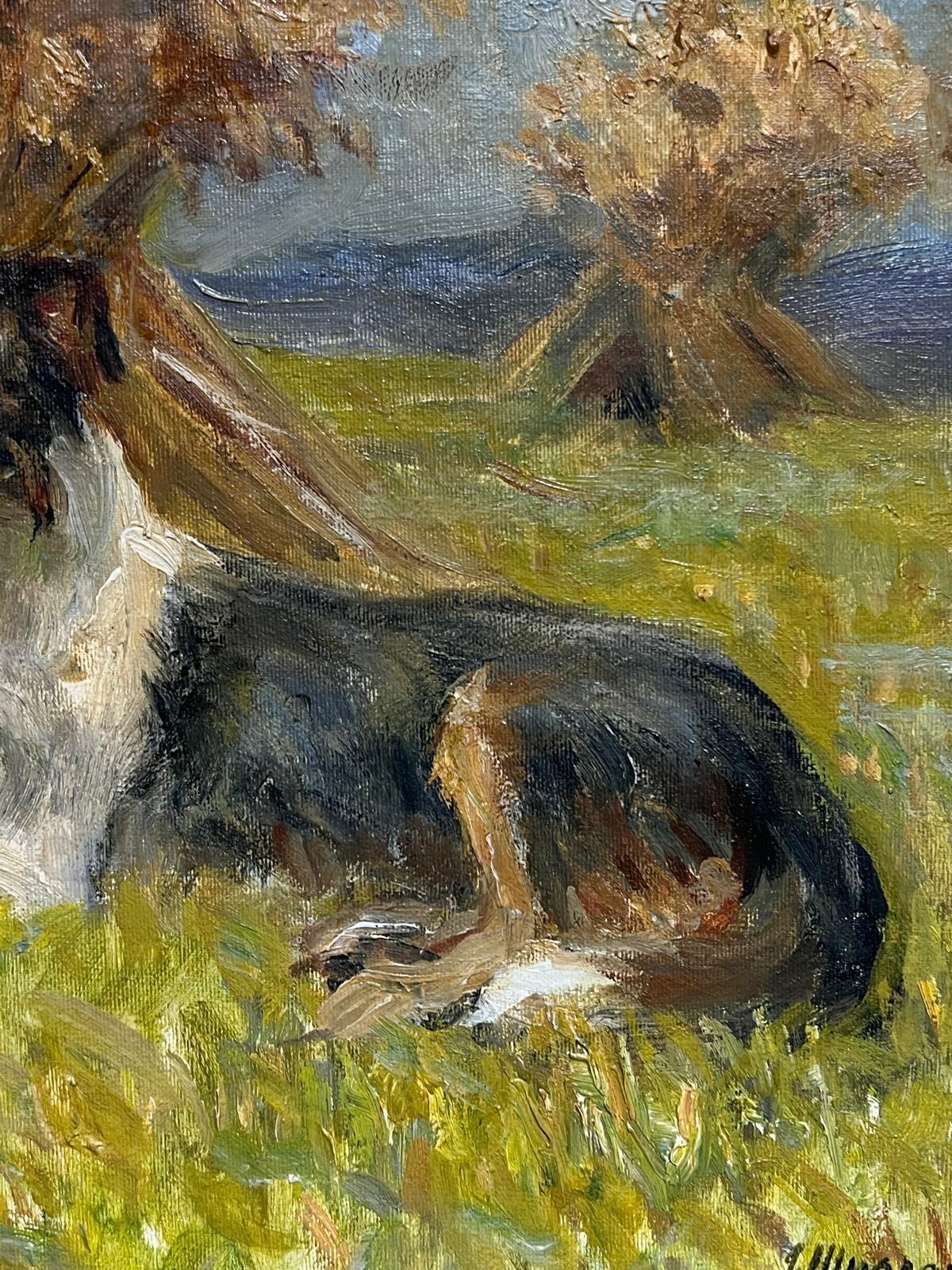 Perro Border Collie Descansando en Gavillas de Trigo de la Cosecha Pintura al Óleo Inglesa Antigua en venta 2