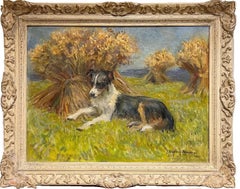 Border Collie Dog Resting in Harvest Wheat Sheaves Peinture à l'huile anglaise ancienne