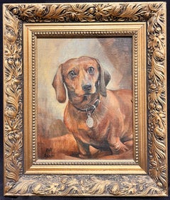 English Signed Dog Painting Portrait of Chestnut Dachshund Oil Painting framed