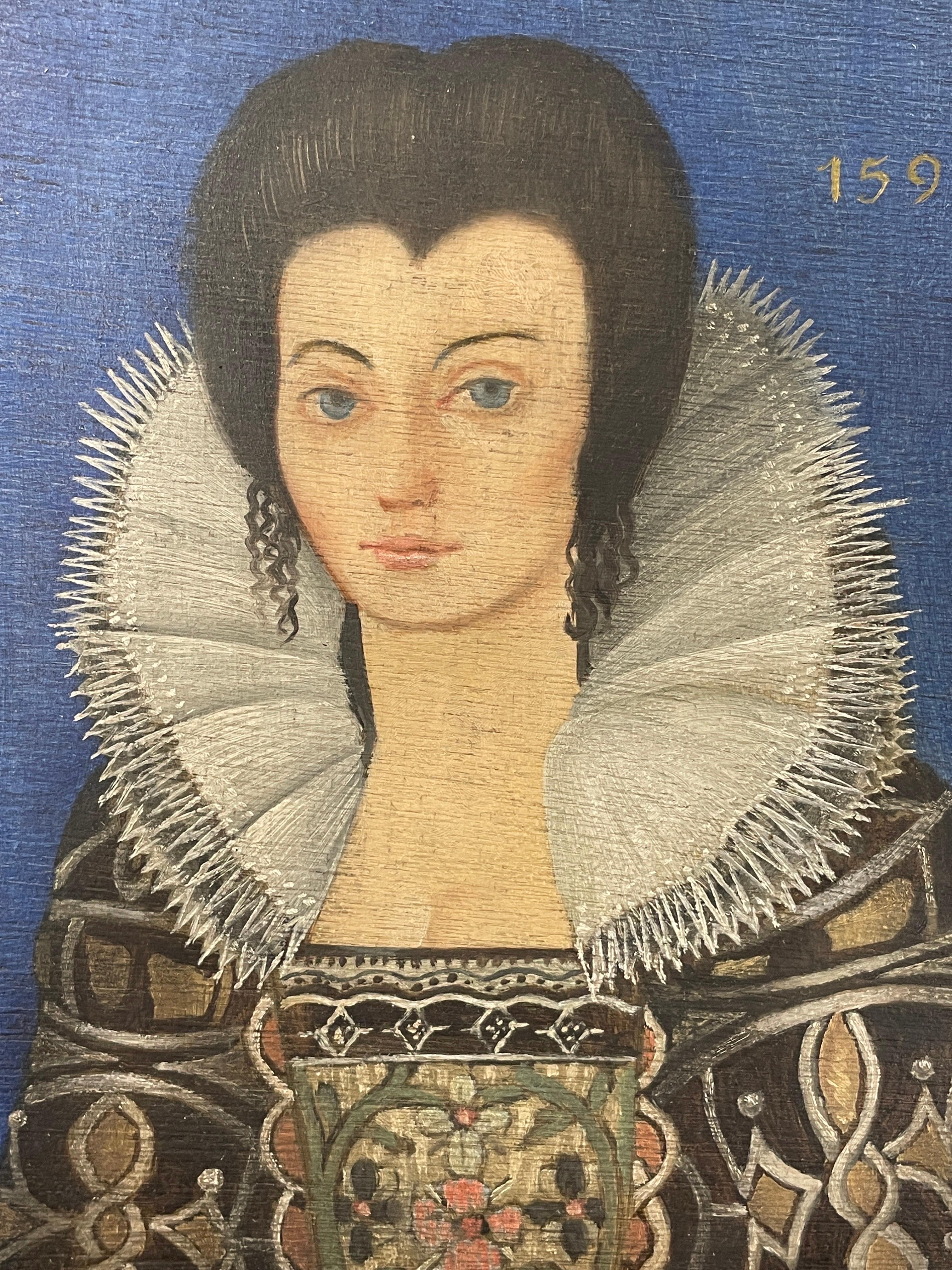 Artist/ School: English School, 20th century, after an earlier 16th century work. 

Title: Portrait of an Elizabethan Lady

Medium: oil on board, framed 

Framed: 16.5 x 13 inches
Board: 13.5 x 10 inches

Provenance: private collection,