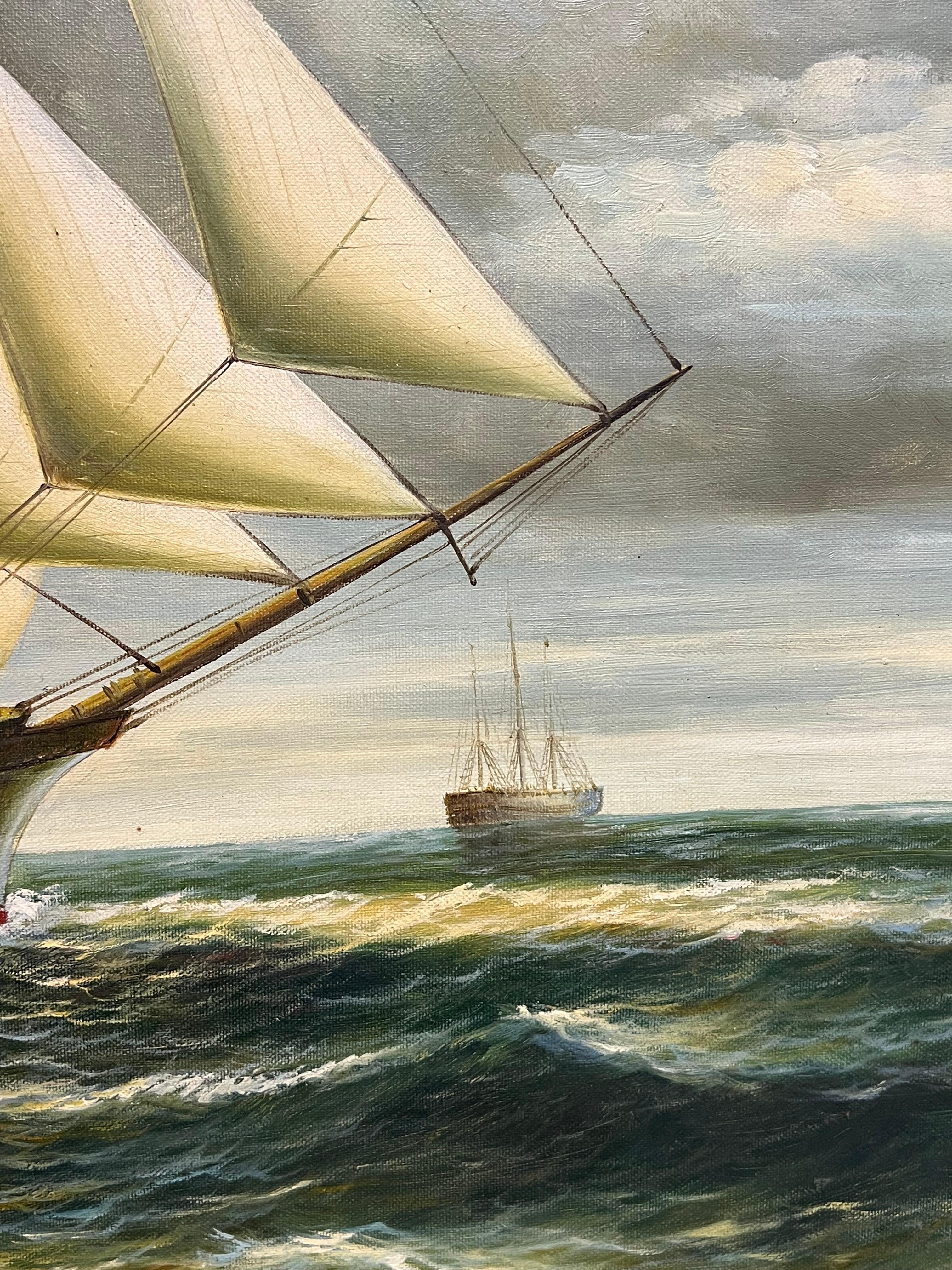 Peinture à l'huile maritime à grande échelle d'un grand voilier entièrement gréé en mer en vente 8