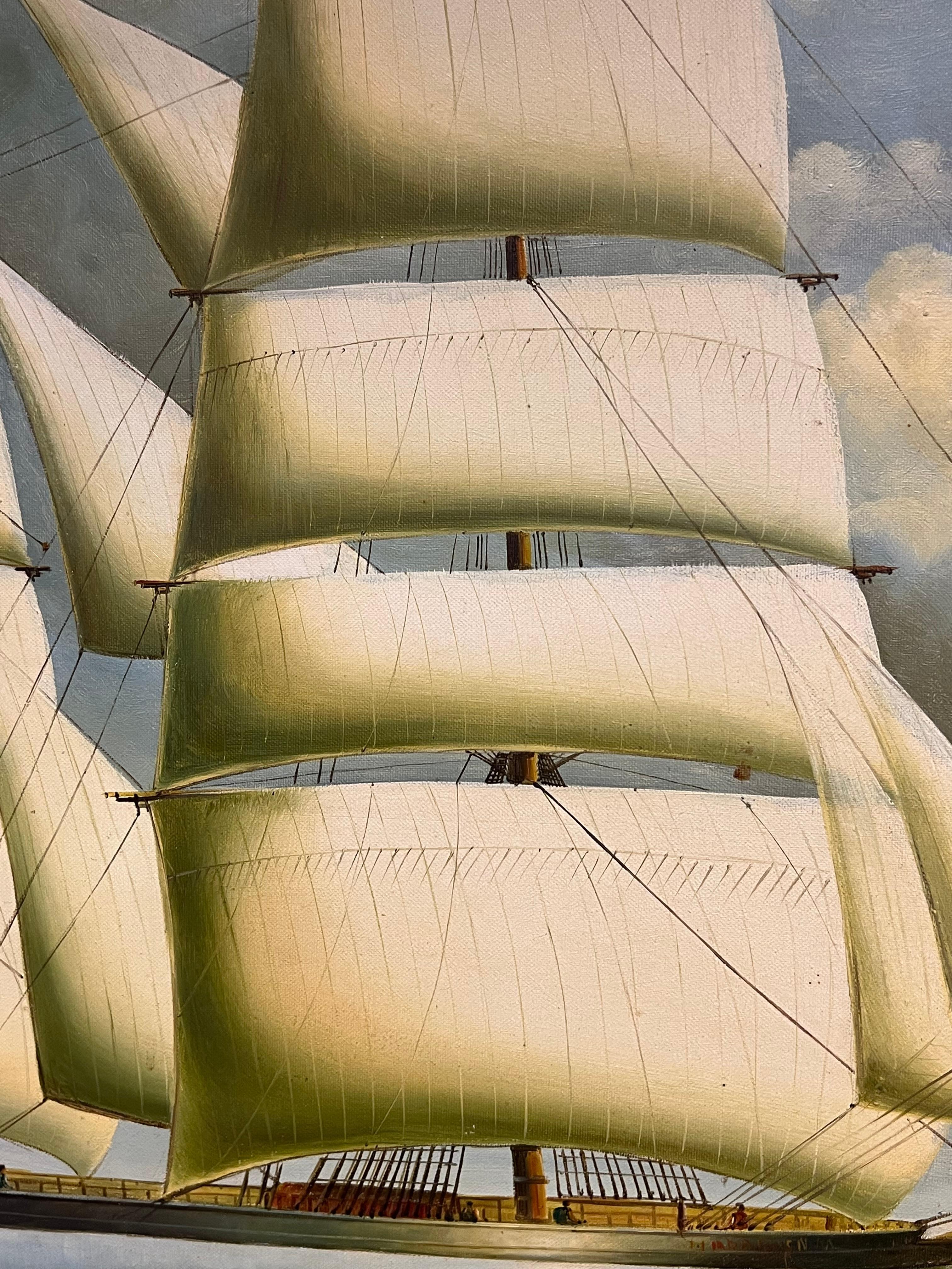 Peinture à l'huile maritime à grande échelle d'un grand voilier entièrement gréé en mer en vente 9