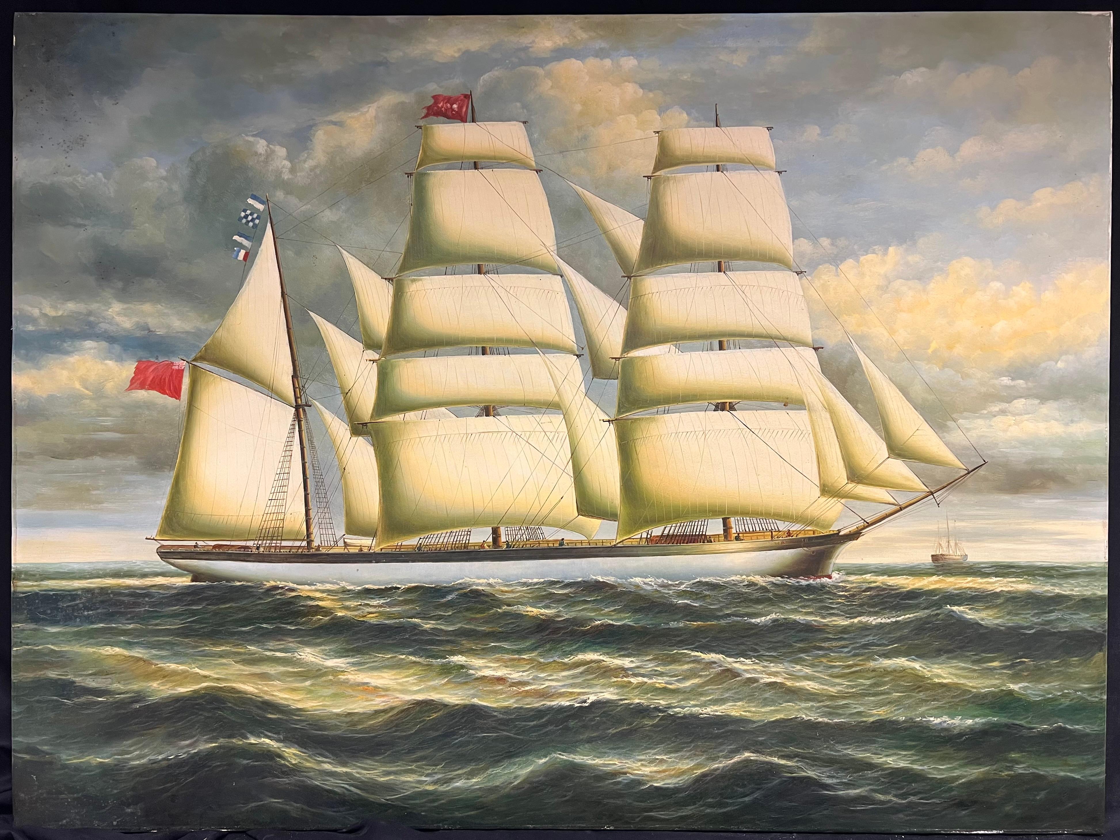 Peinture à l'huile maritime à grande échelle d'un grand voilier entièrement gréé en mer - Painting de English School