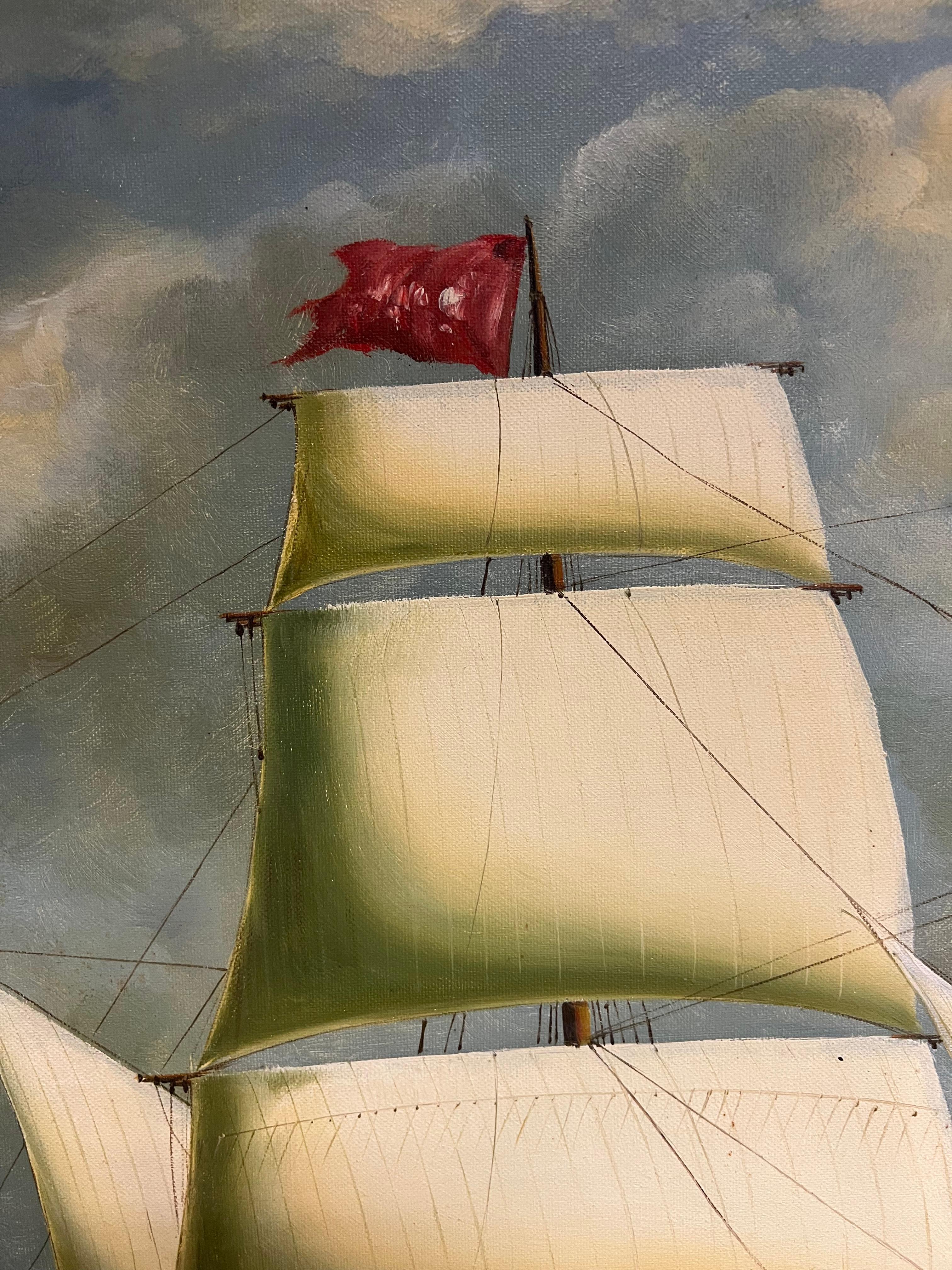 Peinture à l'huile maritime à grande échelle d'un grand voilier entièrement gréé en mer - École anglaise Painting par English School