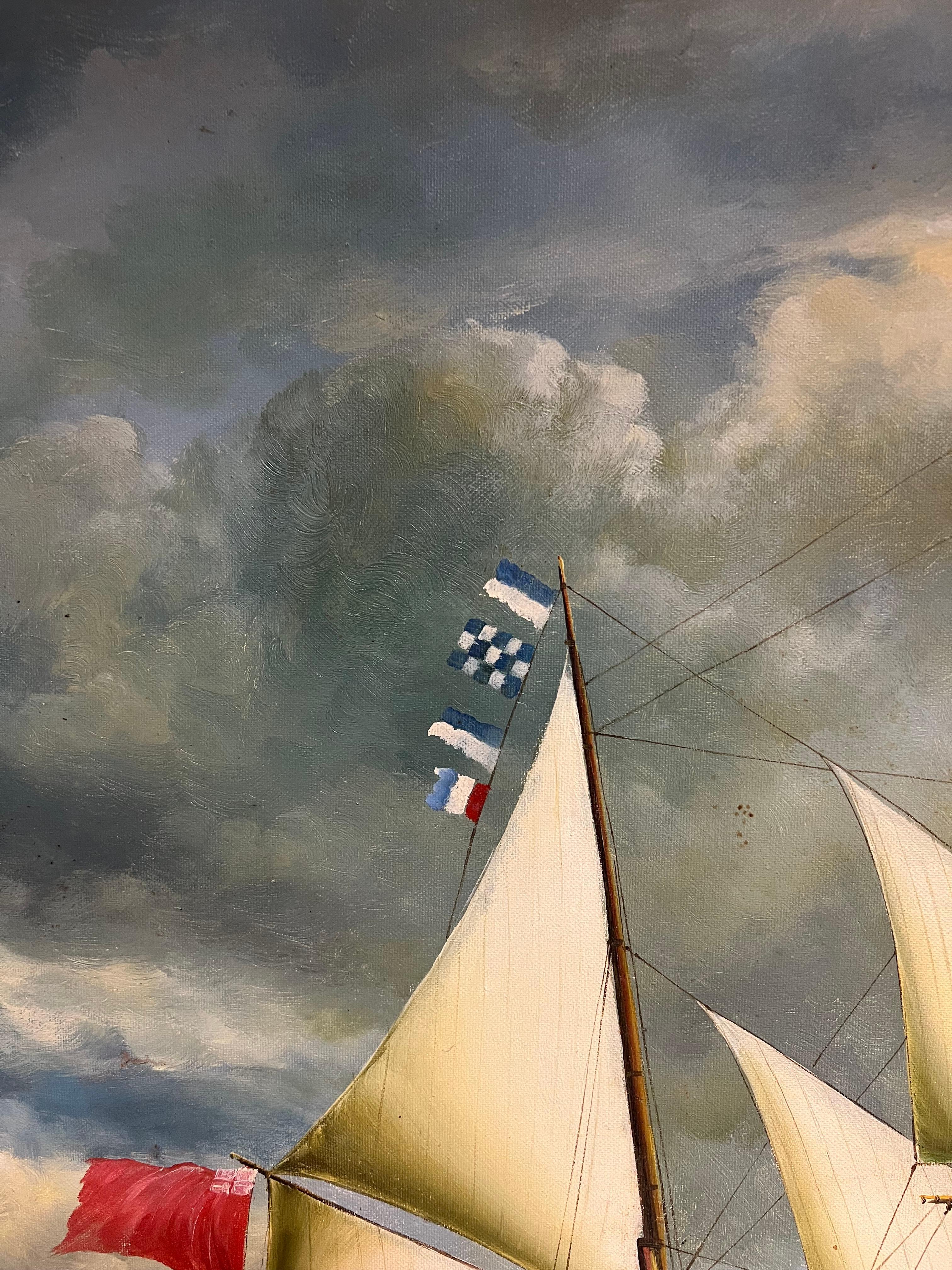 Peinture à l'huile maritime à grande échelle d'un grand voilier entièrement gréé en mer - Marron Landscape Painting par English School
