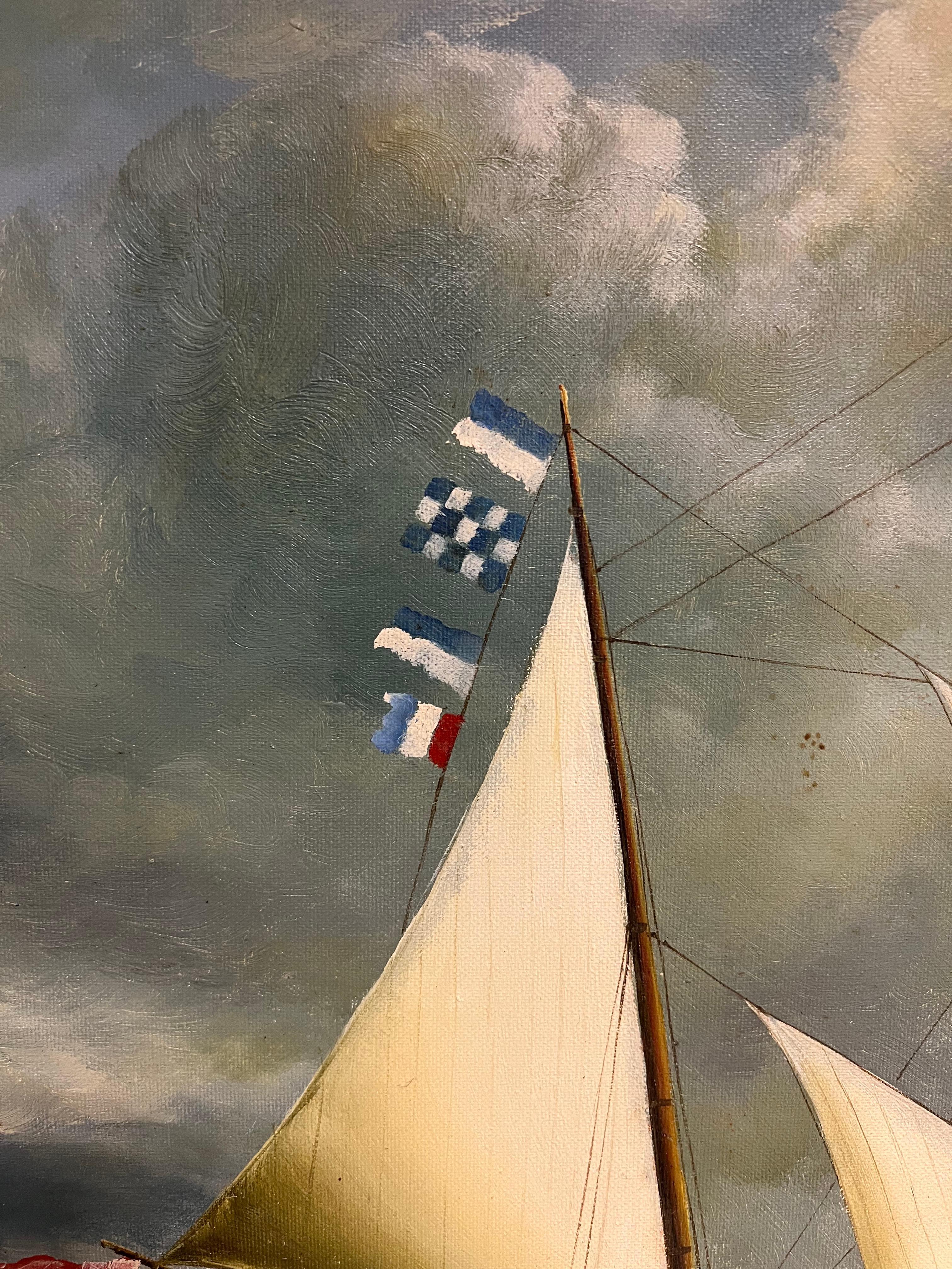 Peinture à l'huile maritime à grande échelle d'un grand voilier entièrement gréé en mer en vente 1