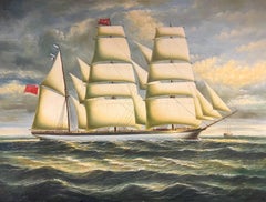 Grand Scale Huge Maritime Oil Painting of a Fully-Rigged Tall Ship at Sea