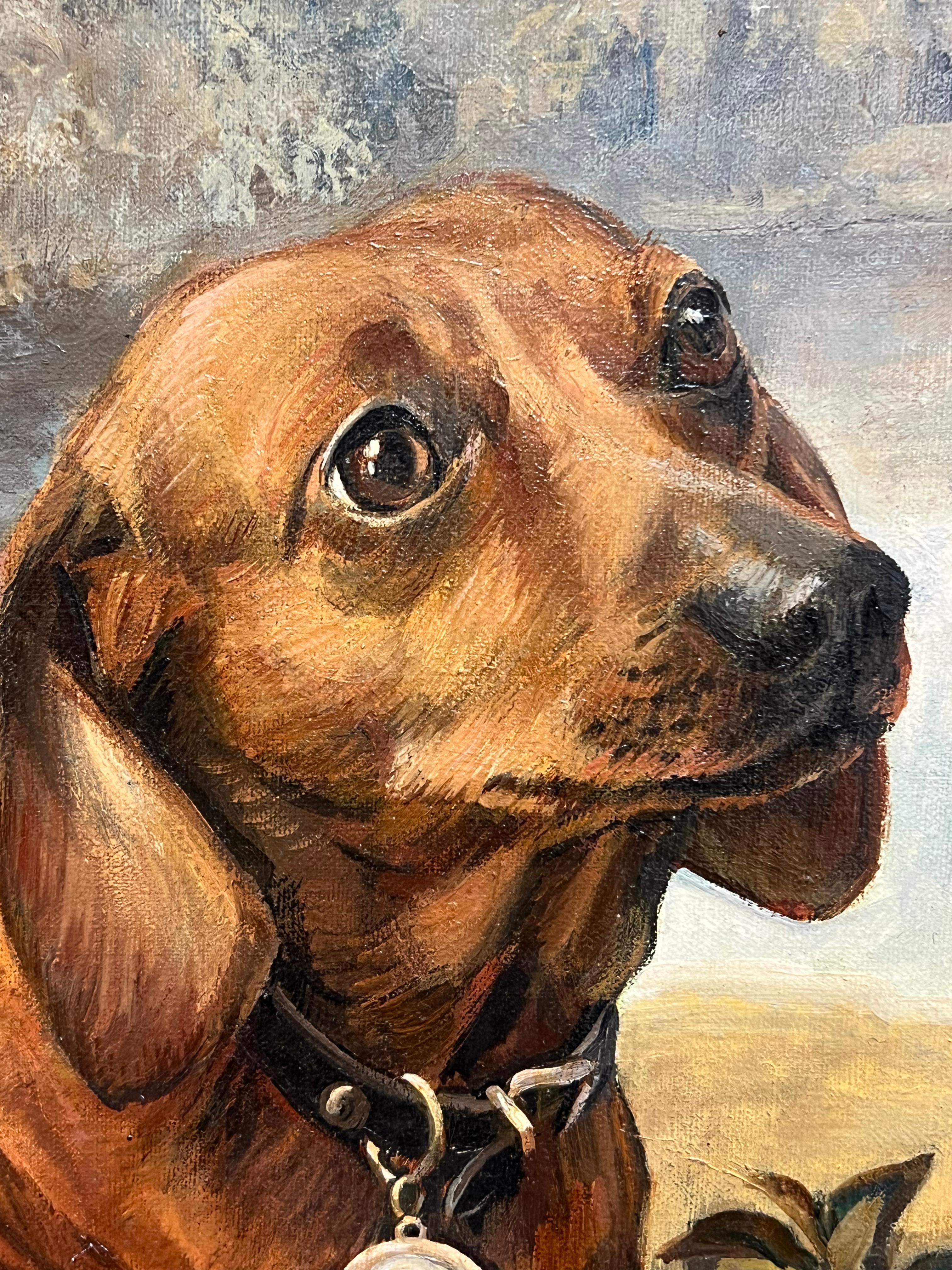 Large English Dog Oil Painting Pair of Charming Dachshund Dogs in Landscape 8