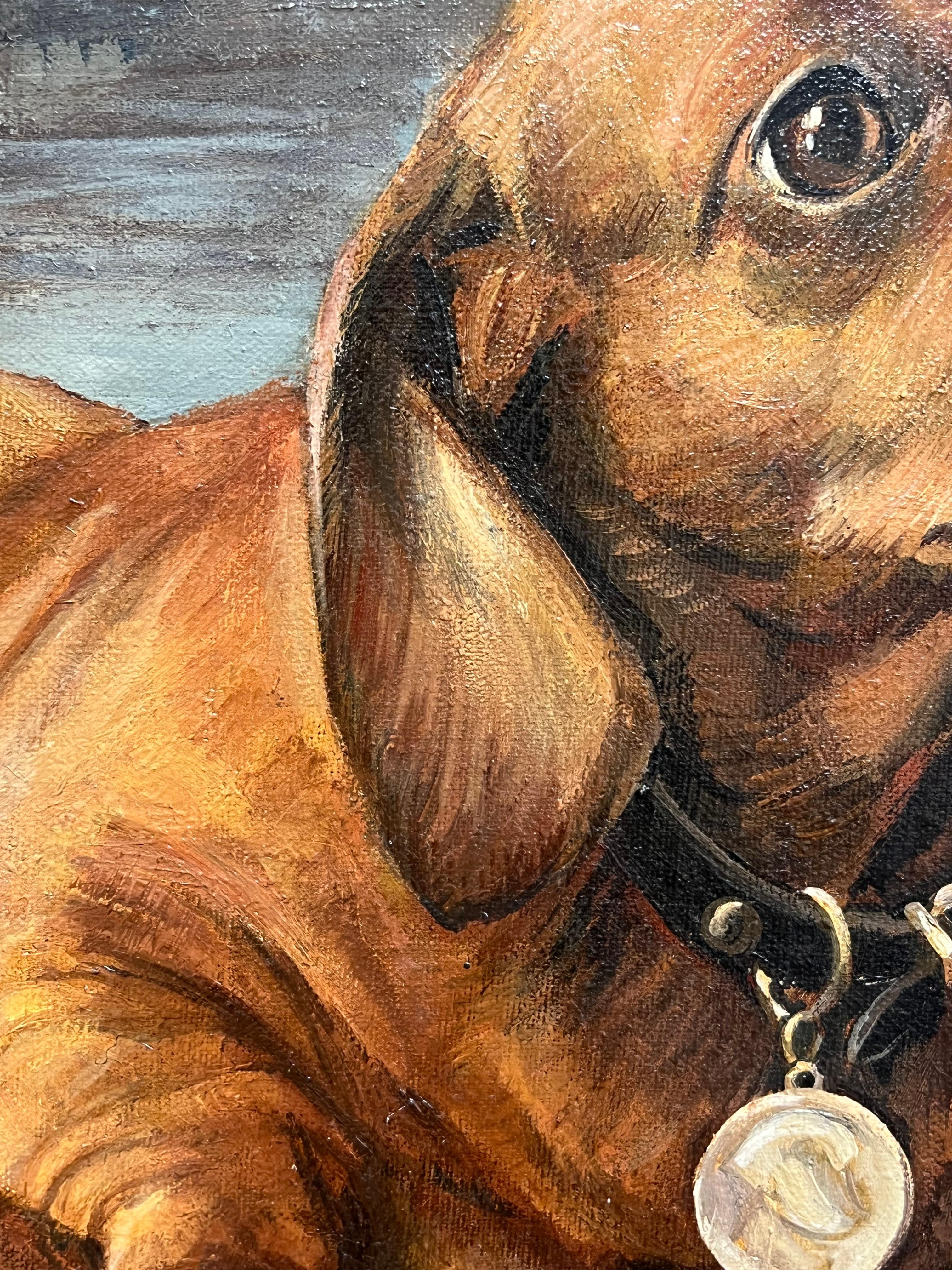 Large English Dog Oil Painting Pair of Charming Dachshund Dogs in Landscape 9
